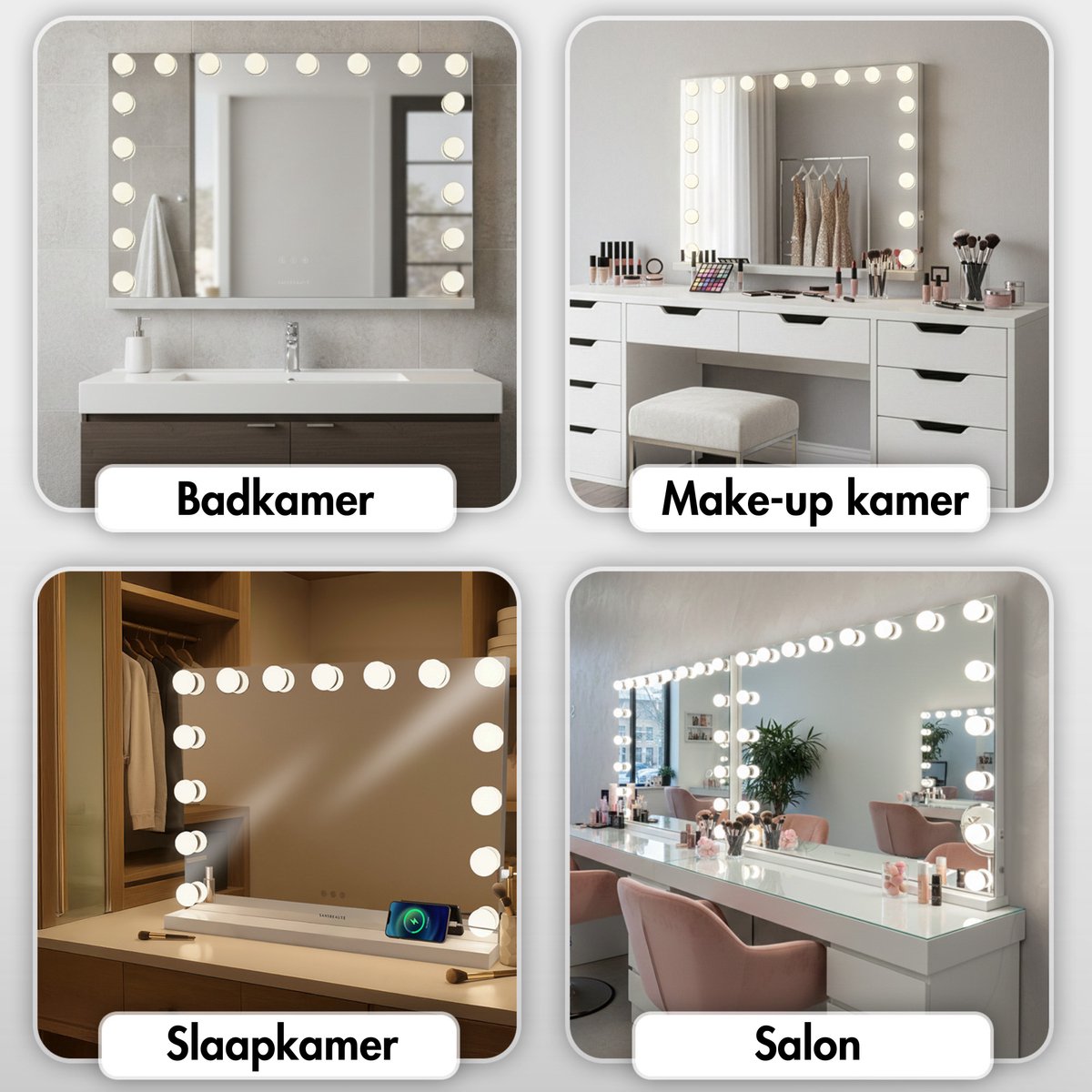 Sansbeauté® Hollywood Mirror 80x60 cm - Make-up-Spiegel - 18 LED-Lampen - 10-fache Vergrößerung - dimmbar - USB-Ladeanschluss - Touch-Steuerung - Bluetooth - Multi