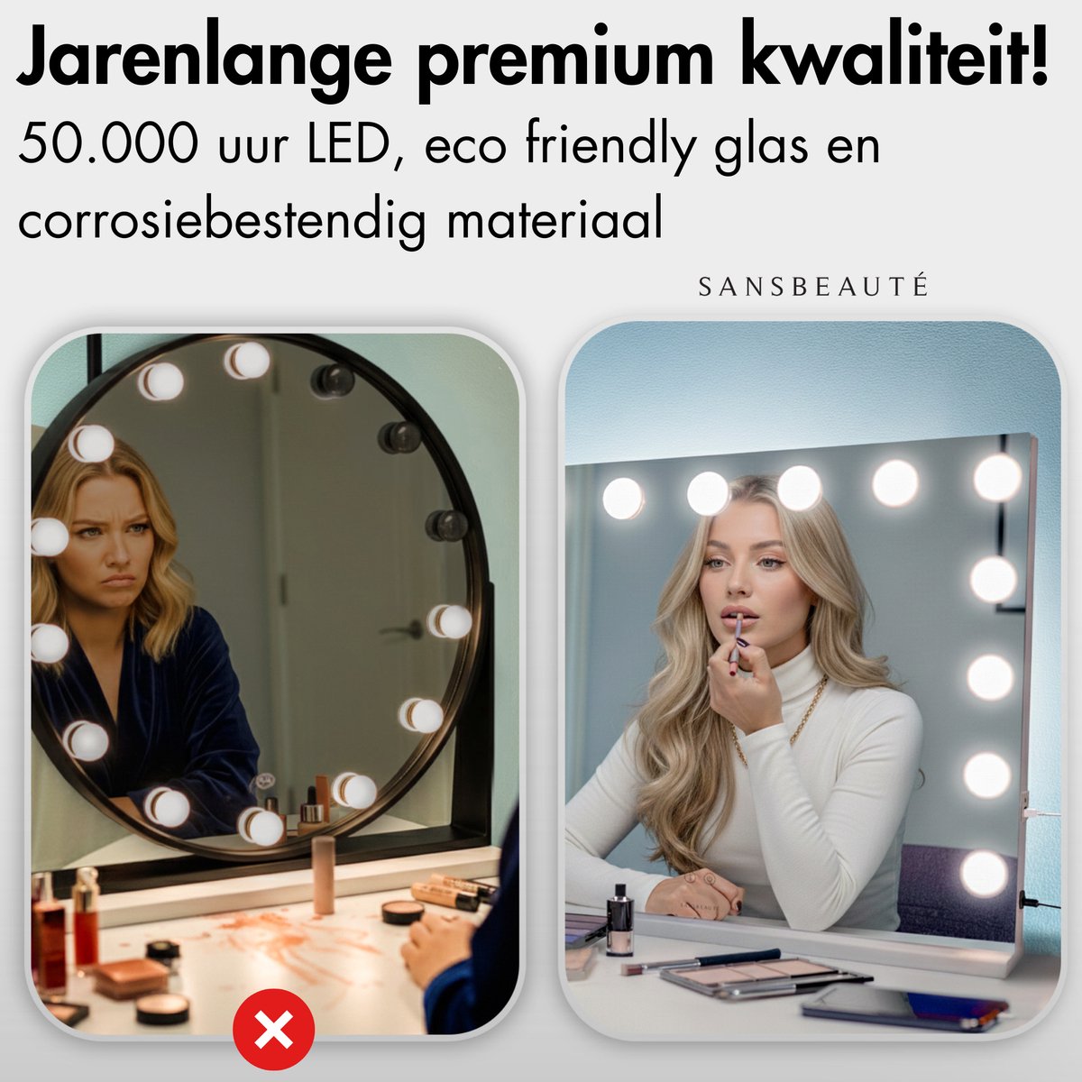 Sansbeauté® Hollywood Mirror 58x43 cm - Make-up-Spiegel - 15 LED-Lampen - 10-fache Vergrößerung - dimmbar - USB-Ladeanschluss - Touch-Steuerung - Bluetooth - Weiß