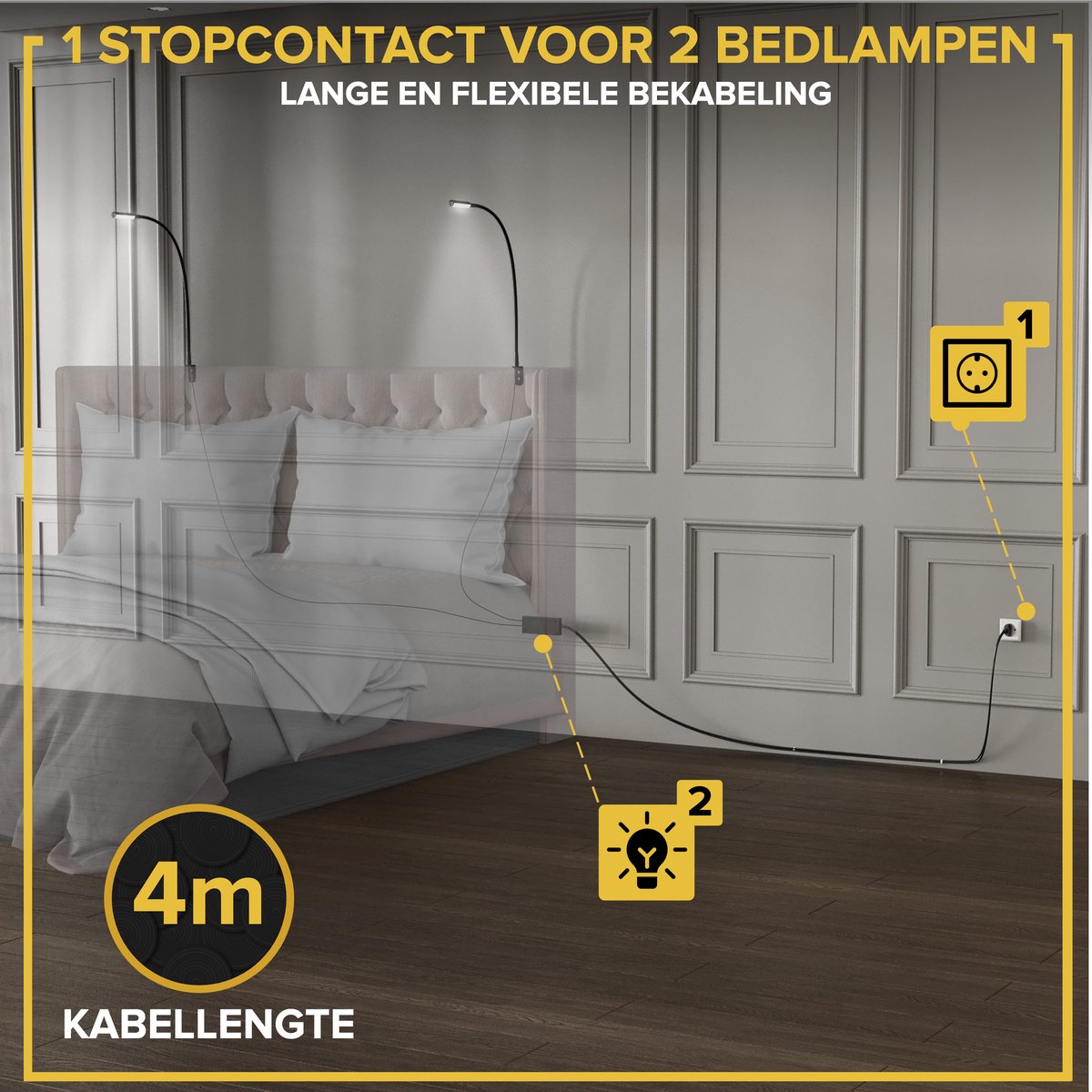 Realight BL300 Bettleuchte - LED-Nachtlicht mit Dimmfunktion - Leselicht für Bett & Kopfteil - Touch-Lampe - warmweißes Licht - 2 Stück - 58 cm - Schwarz