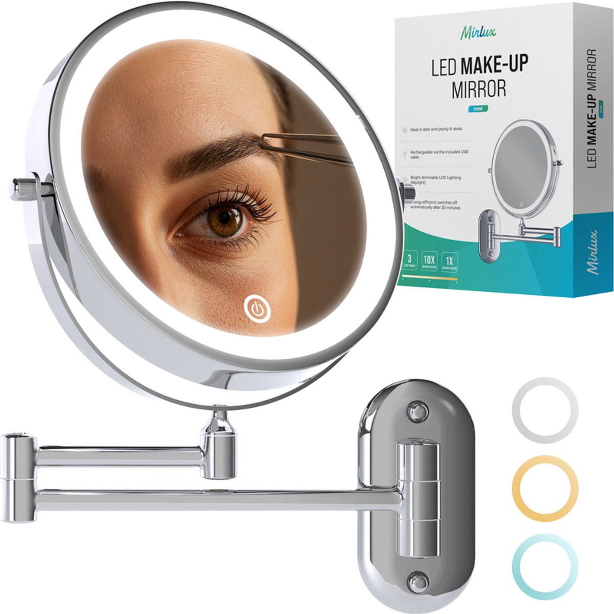 Mirlux Make-up-Spiegel mit LED-Beleuchtung 20 cm - 10-fache Vergrößerung - wiederaufladbar - Wandspiegel mit ausziehbarem Arm - Chrom