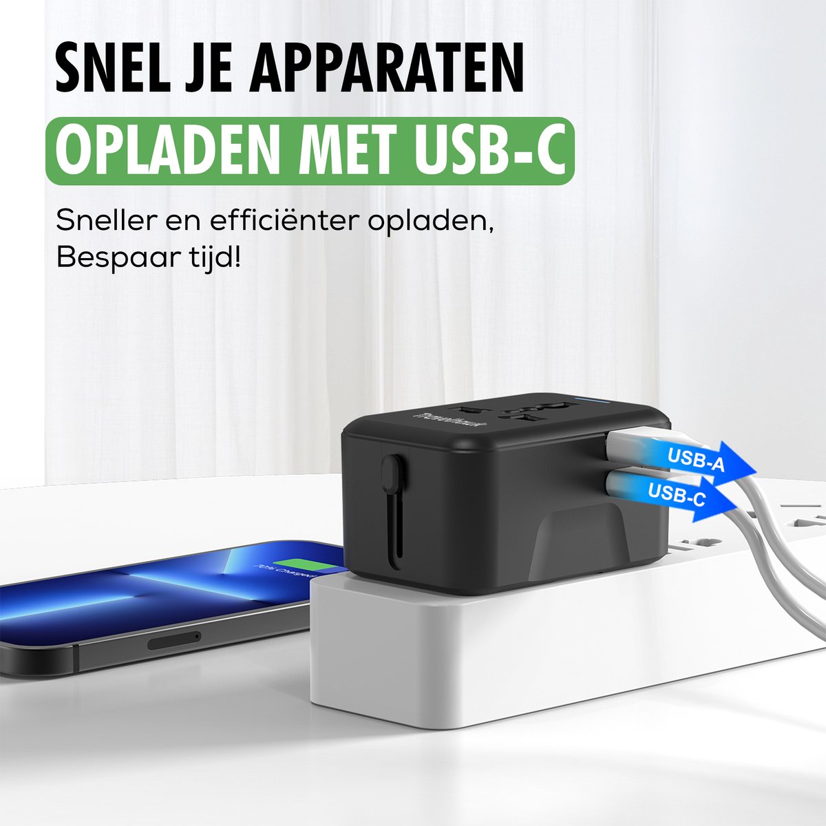 TravelHawk Universal World Plug Schwarz - USB-C & USB-Anschluss - Für 150+ Länder - Kompakt 7,5 x 5 x 3,5 cm