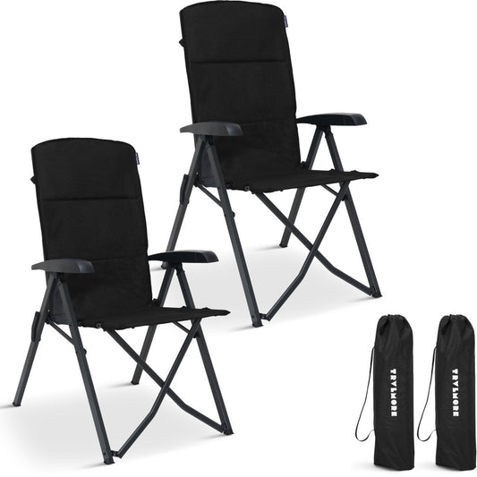 TRVLMORE Luxus Campingstühle 2er Set - faltbar - 150KG Tragkraft - verstellbare Rückenlehne - inklusive Tragetasche - Schwarz