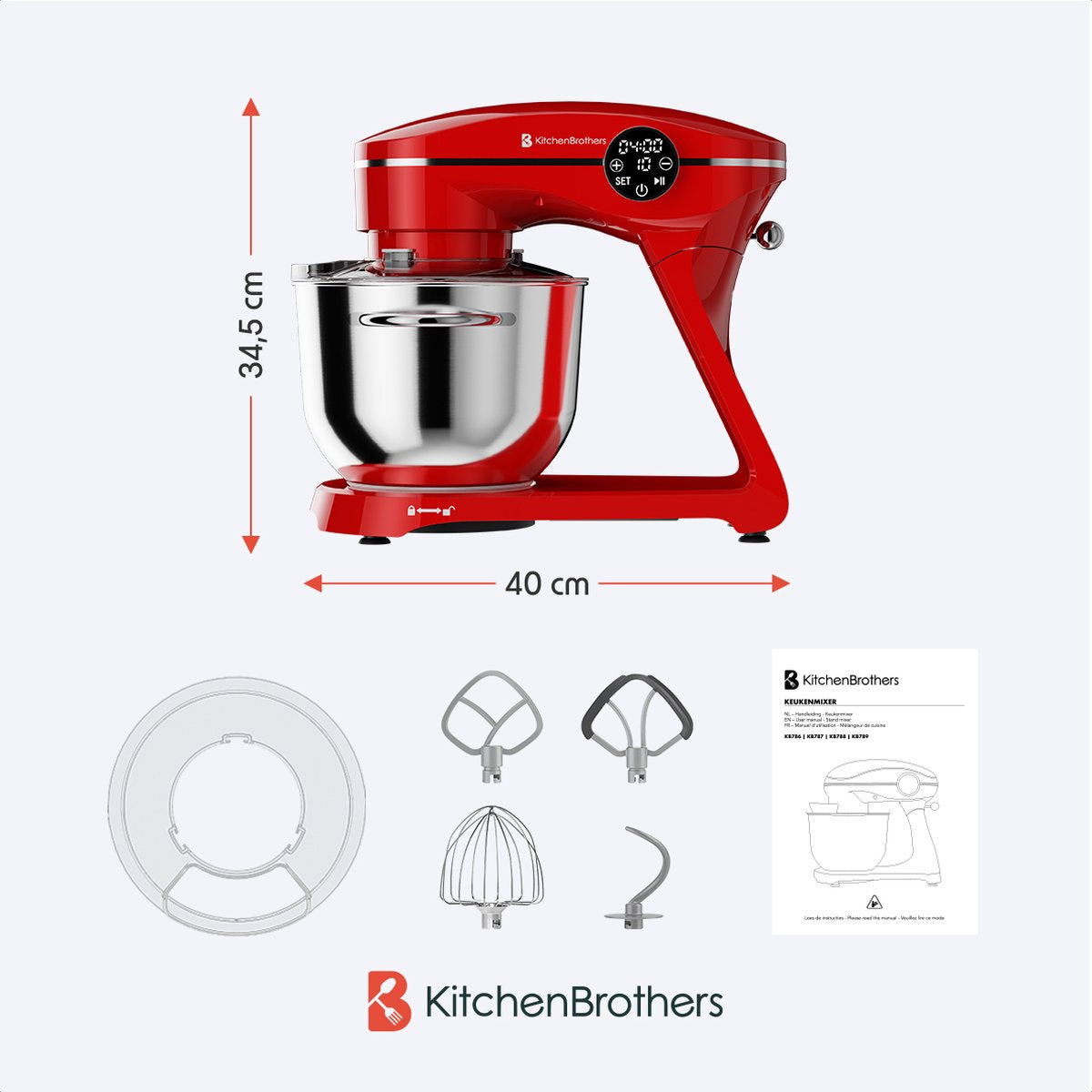 KitchenBrothers Küchenmaschine - Touch-Display und Timer - Küchenroboter - 6L - 1800W - Aluminium - Rot