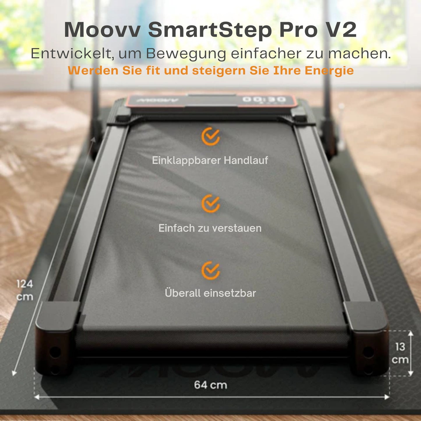 Moovv Laufband Smartstep Pro V3 - 1-12 km/h - Zusammenklappbar - Für Zuhause- 124 x 54 x 105 cm - Schwarz