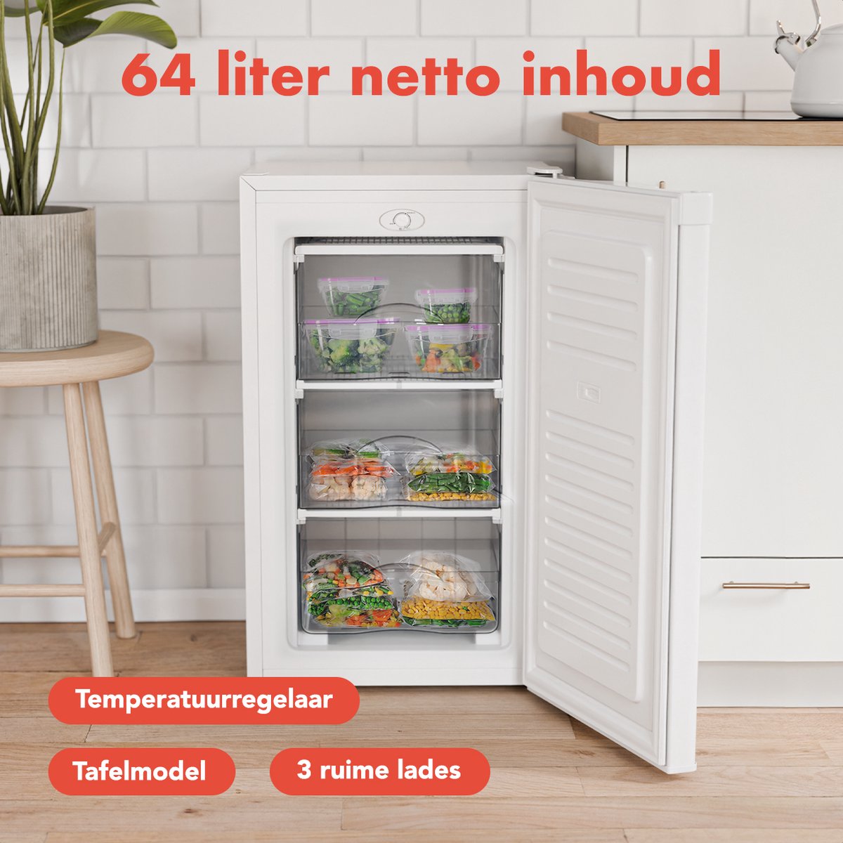 KitchenBrothers Gefrierschrank - 64L - Kompakte Tischplatte - 3 Gefrierschubladen - Gefrierschrank - Freistehend - Weiß