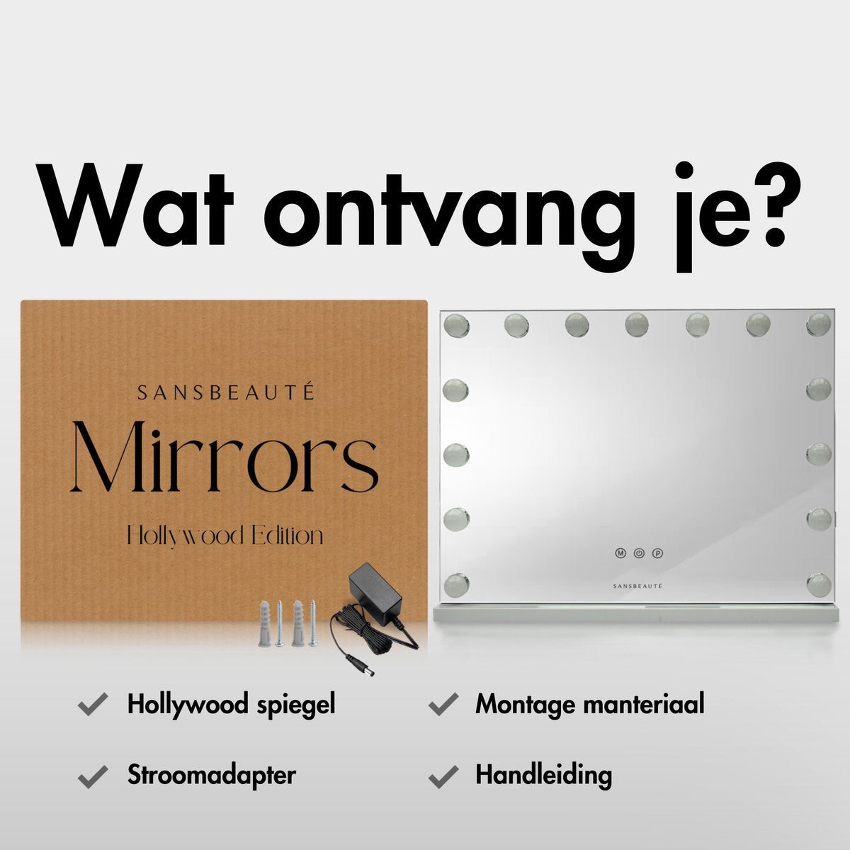 Sansbeauté® Hollywood Mirror 58x43 cm - Make-up-Spiegel - 15 LED-Lampen - 10-fache Vergrößerung - dimmbar - USB-Ladeanschluss - Touch-Steuerung - Bluetooth - Weiß