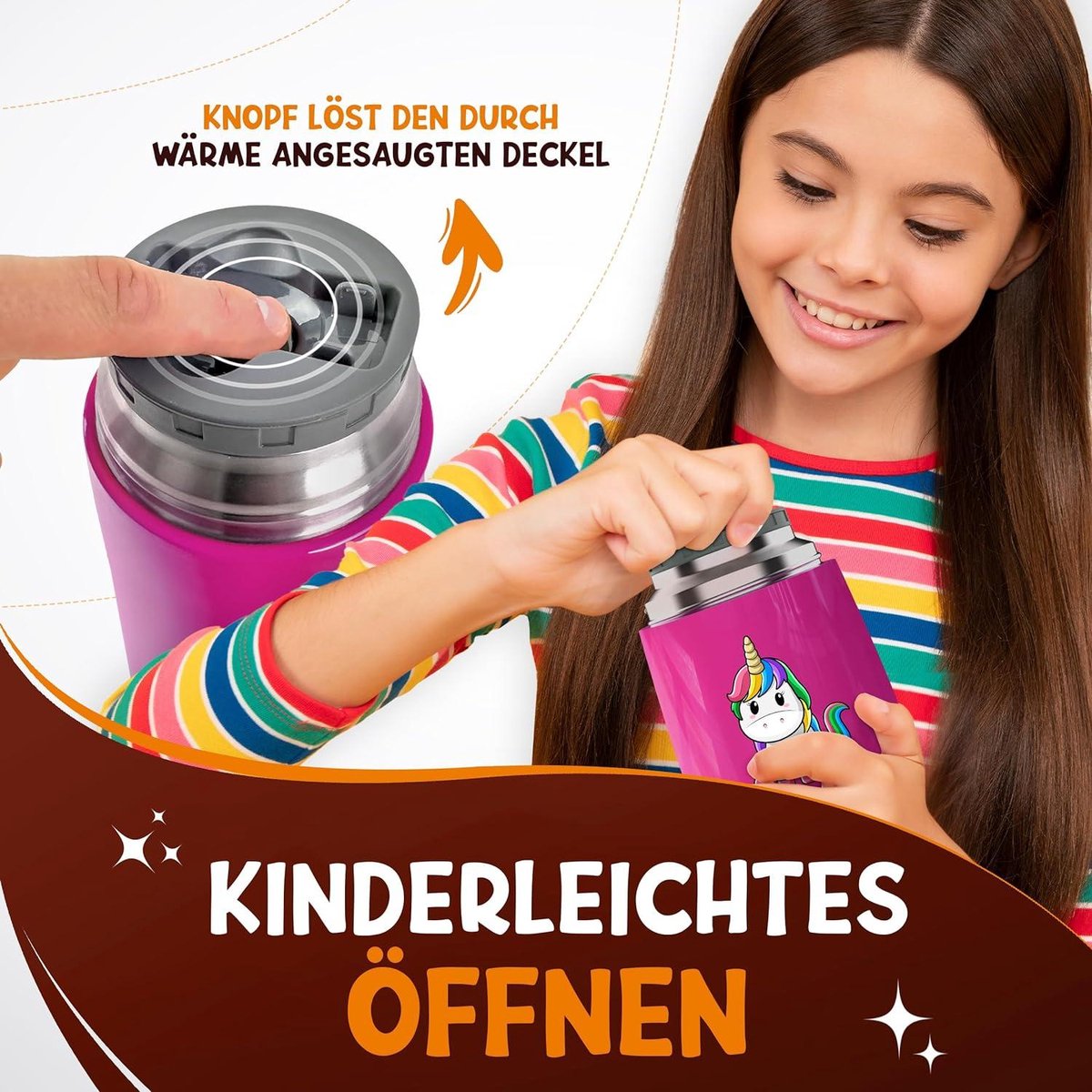 FUNKELFUCHS® - Thermobecher für Kinderkost - Essenswärmer aus Edelstahl - 500ml - 100% auslaufsicher - Rosa Einhorn