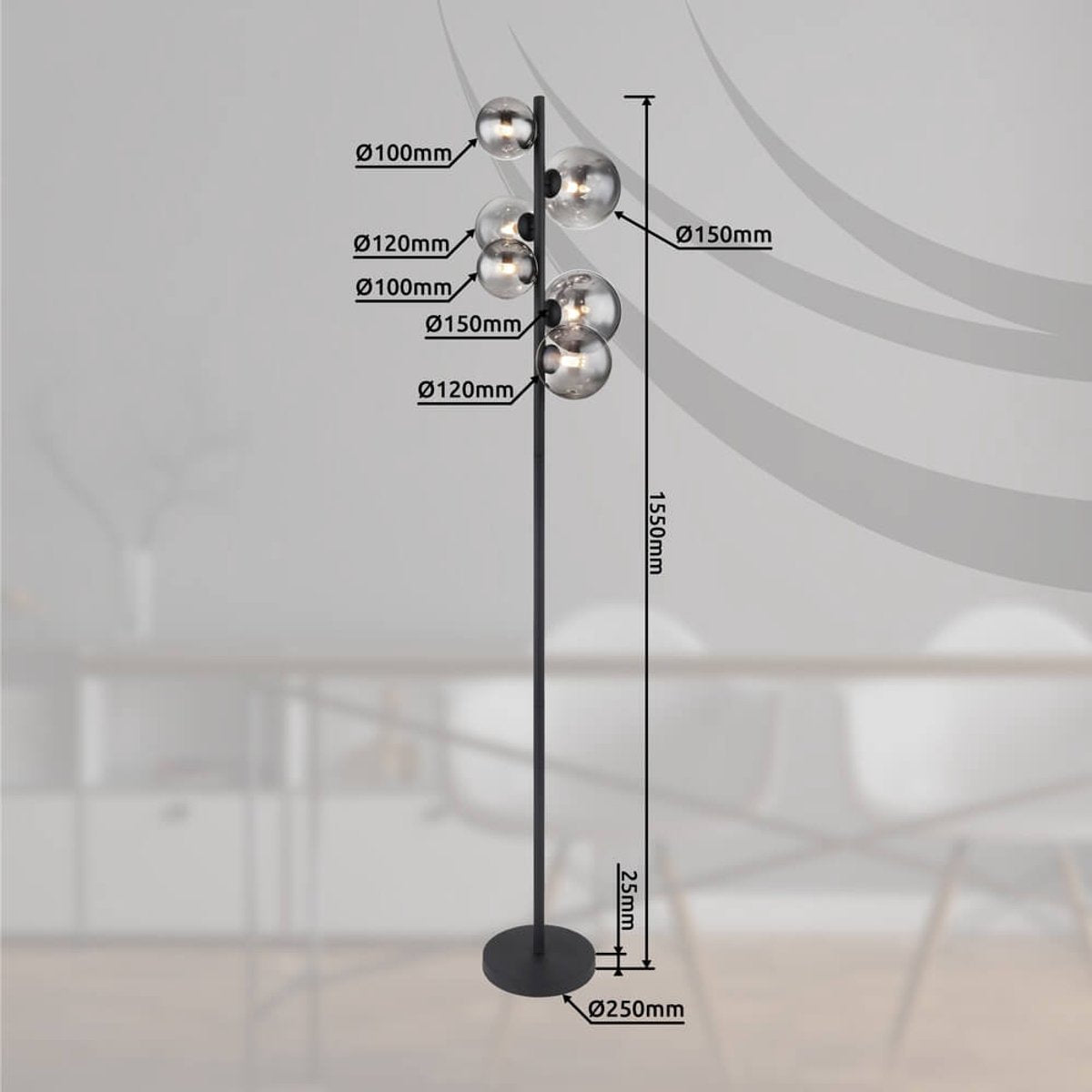 Globo Riha Stehleuchte - Mit Rauchglas - 155 cm - 6xG9 LED - Schwarzes Metall
