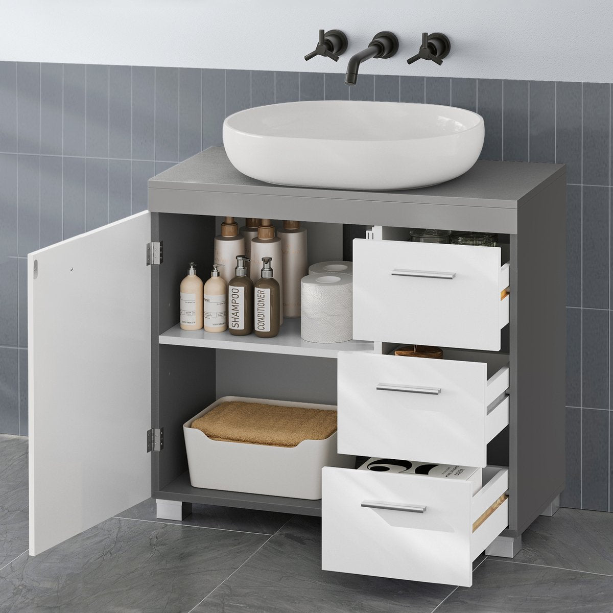 EUGAD Waschtischunterschrank - Badezimmerschrank mit 3 Schubladen und 2 Fächern - verstellbarer Einlegeboden - weißgrau - 60 x 60 x 30 cm