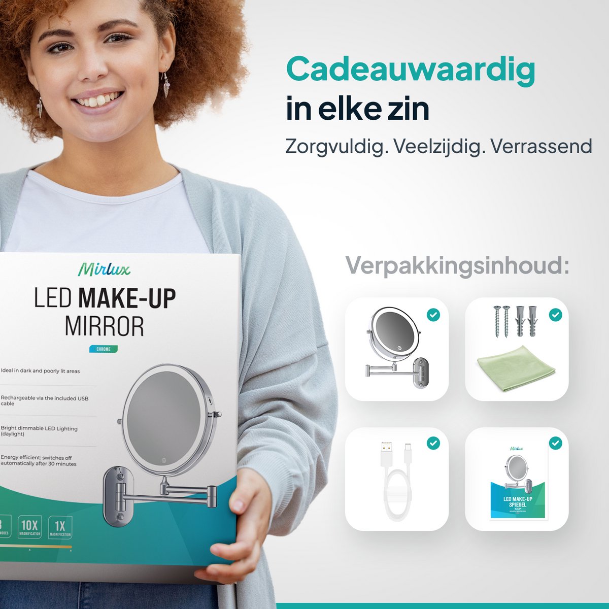 Mirlux Make-up-Spiegel mit LED-Beleuchtung 20 cm - 10-fache Vergrößerung - wiederaufladbar - Wandspiegel mit ausziehbarem Arm - Chrom