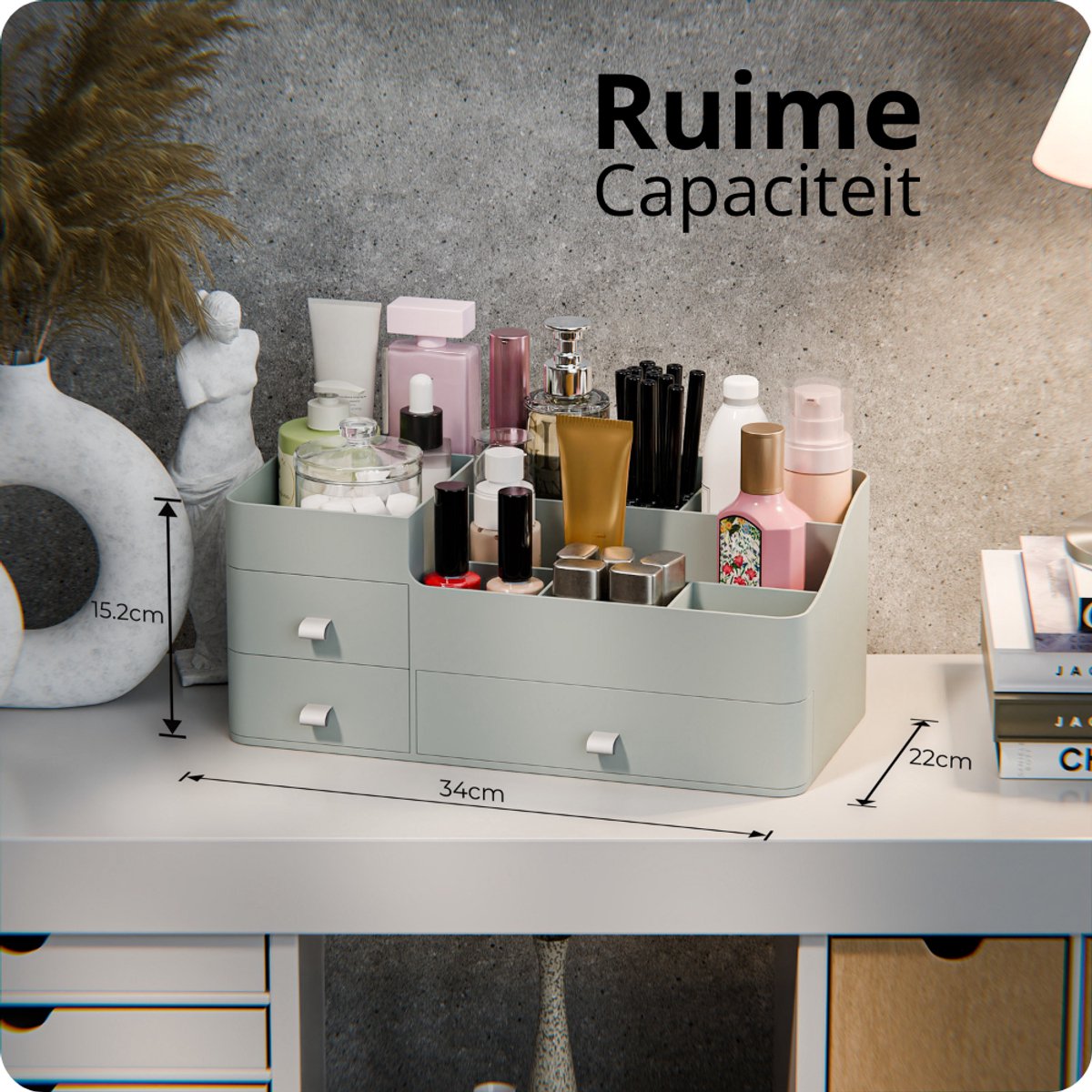 Organess Make-up-Organizer 2024 - Grünes Acryl - 3 Schubladen & 2 Fächer - Aufbewahrungsbox für Hautpflegeprodukte