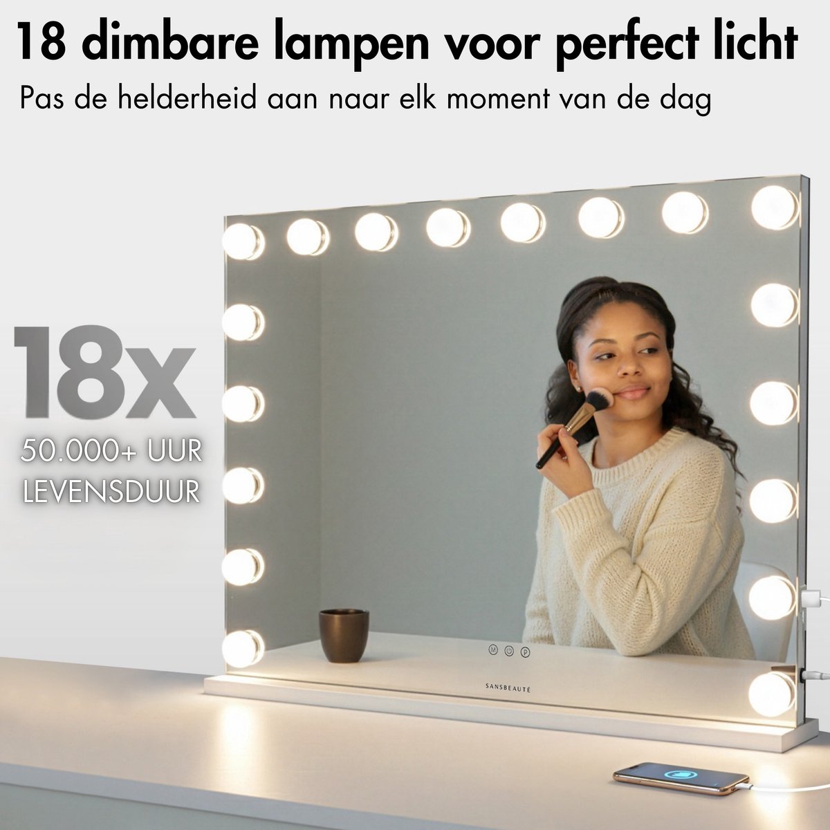 Sansbeauté® Hollywood Mirror 80x62,5 cm - Schminkspiegel - 18 LED-Lampen - 10fache Vergrößerung - dimmbar - USB-Ladeanschluss - Touch Control - Weiß