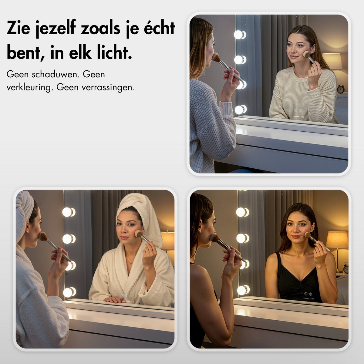 Sansbeauté® Hollywood Mirror 80x62,5 cm - Schminkspiegel - 18 LED-Lampen - 10fache Vergrößerung - dimmbar - USB-Ladeanschluss - Touch Control - Weiß