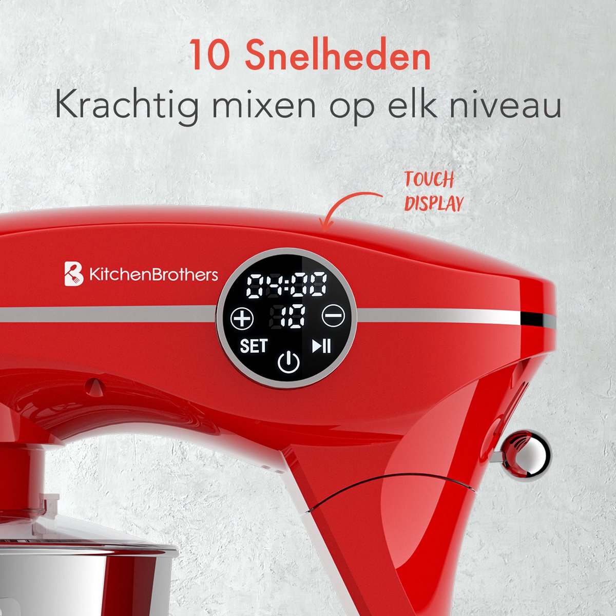 KitchenBrothers Küchenmaschine - Touch-Display und Timer - Küchenroboter - 6L - 1800W - Aluminium - Rot