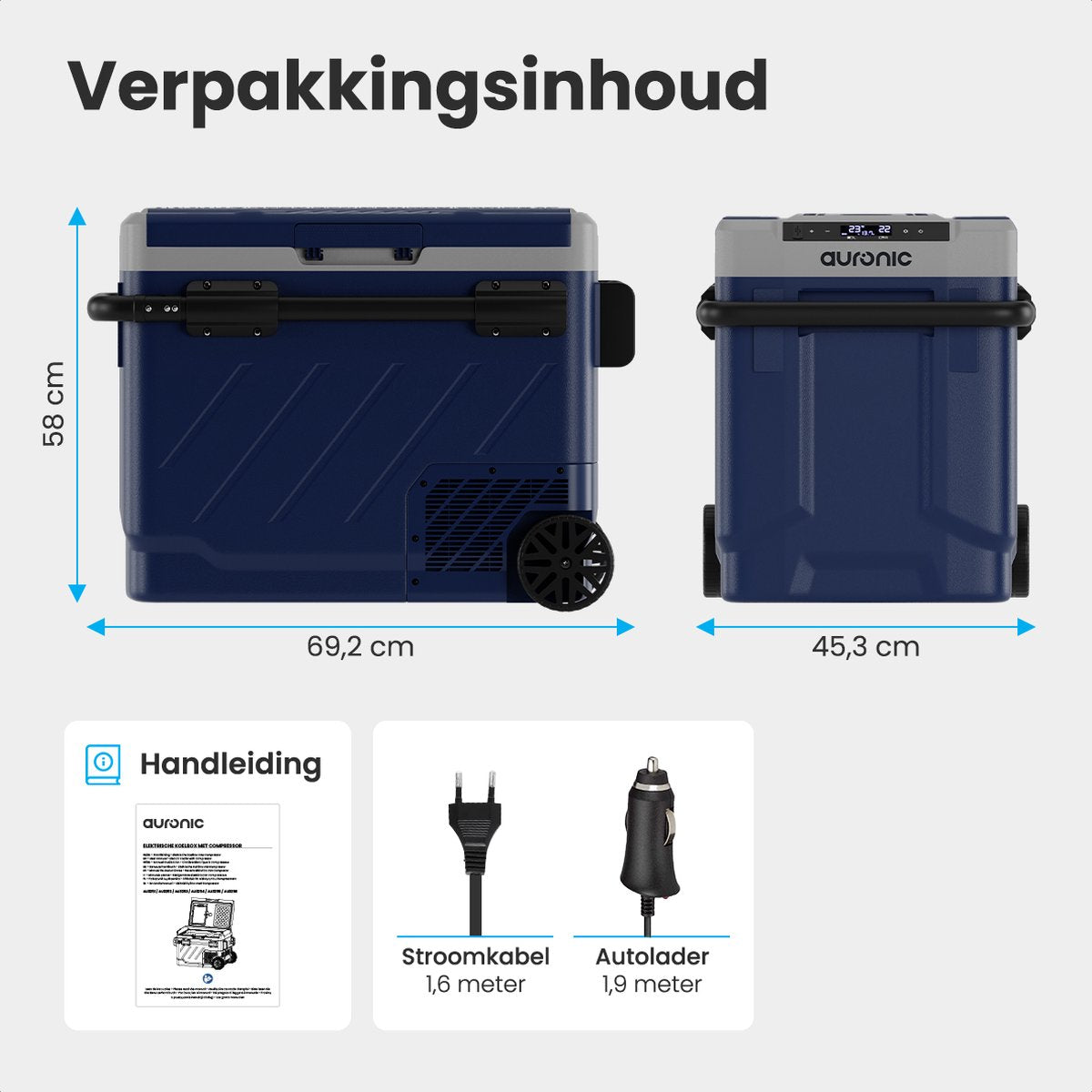 Auronic Compressor Cool Box mit Rädern - Elektrisch - Gefrieren und Kühlen - 58L - 69.2 x 45.3 x 58 cm - Blau