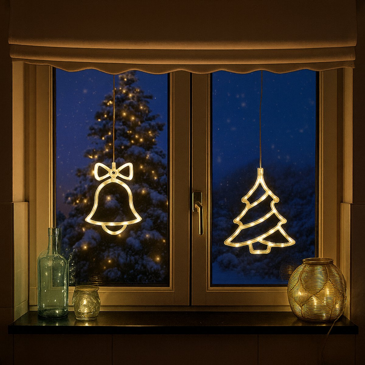 Giftmas LED Hängedekoration Weihnachtsglocke & Weihnachtsbaum Warmweiß 14x18,3 cm - Batteriebetrieben - Fensterdekoration für Innenräume