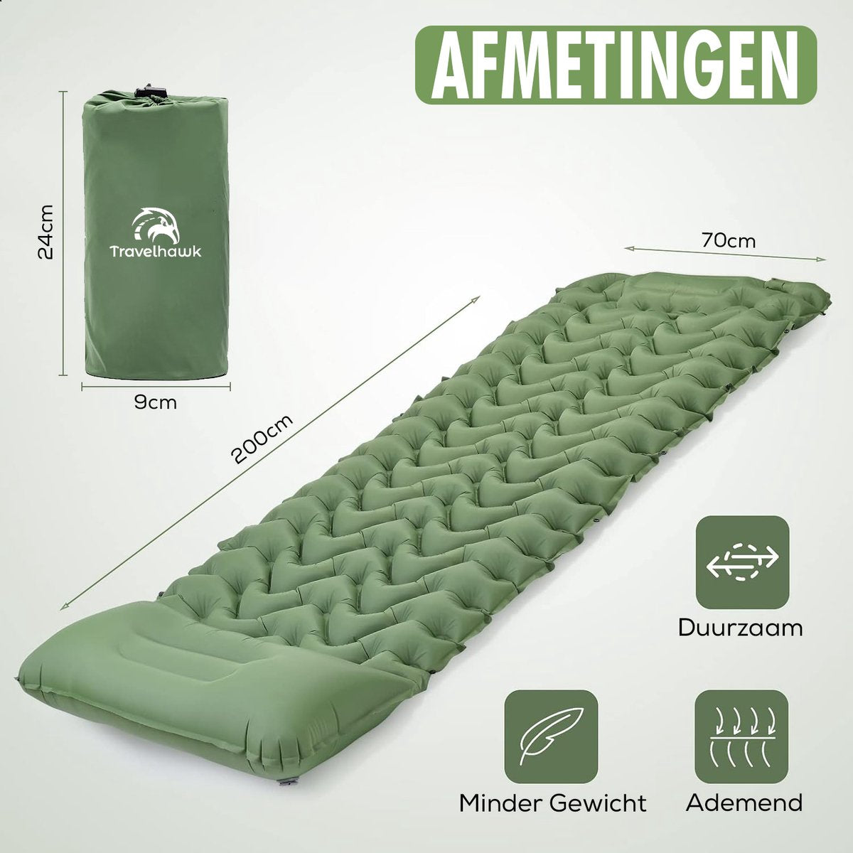 Travelhawk Luftmatratze - Campingbett - Eingebaute Pumpe - 1 Person - Schlafmatte 1 Person - Klicksystem - Grün