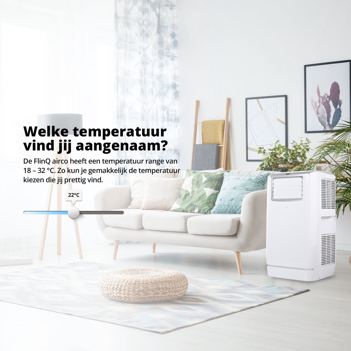 FlinQ Smart Mobile Air Conditioner - Mit Ablaufschlauch - 13.000 BTU - Silent Sleep Funktion - Kühlt bis zu 50m2 - Mit App und Fernbedienung - 41,5 x 41,8 x 79 cm - Weiß