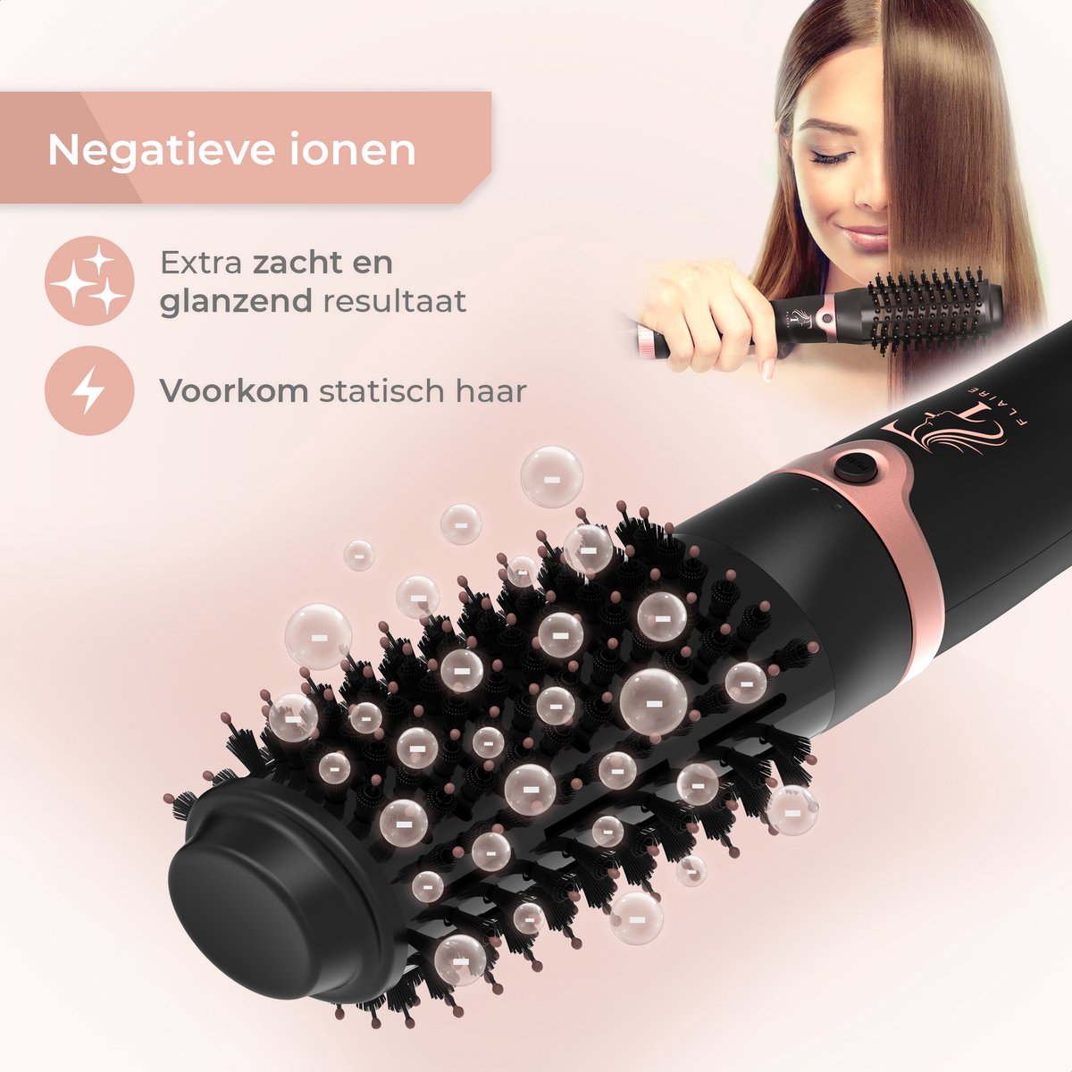 Flaire ROSÉ Haartrocknerbürste mit 3 Aufsätzen - Keramik-Lockenbürste - ionisch - 1200W - Schwarz