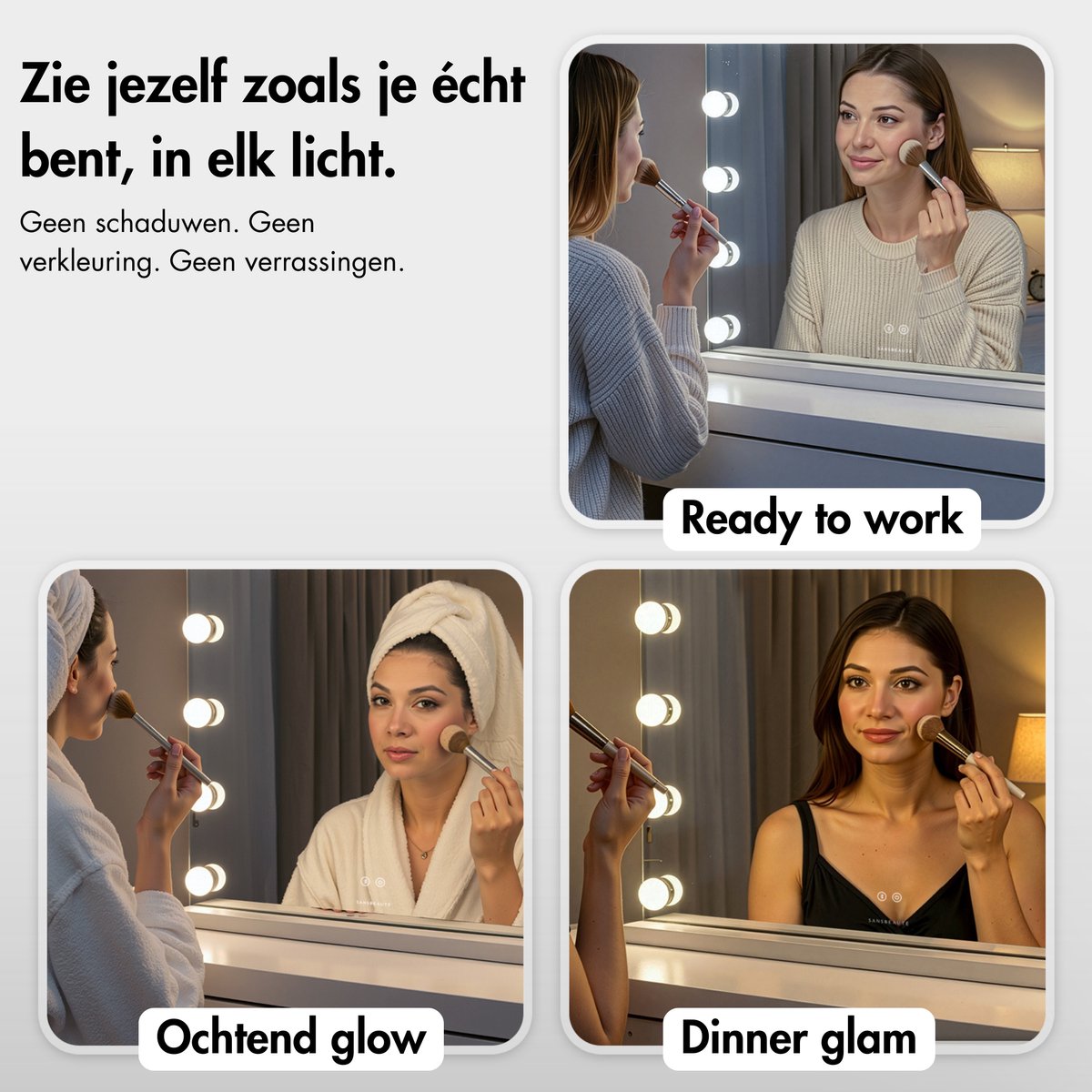 Sansbeauté® Hollywood Mirror 58x43 cm - Make-up-Spiegel - 15 LED-Lampen - 10-fache Vergrößerung - dimmbar - USB-Ladeanschluss - Touch-Steuerung - Bluetooth - Weiß
