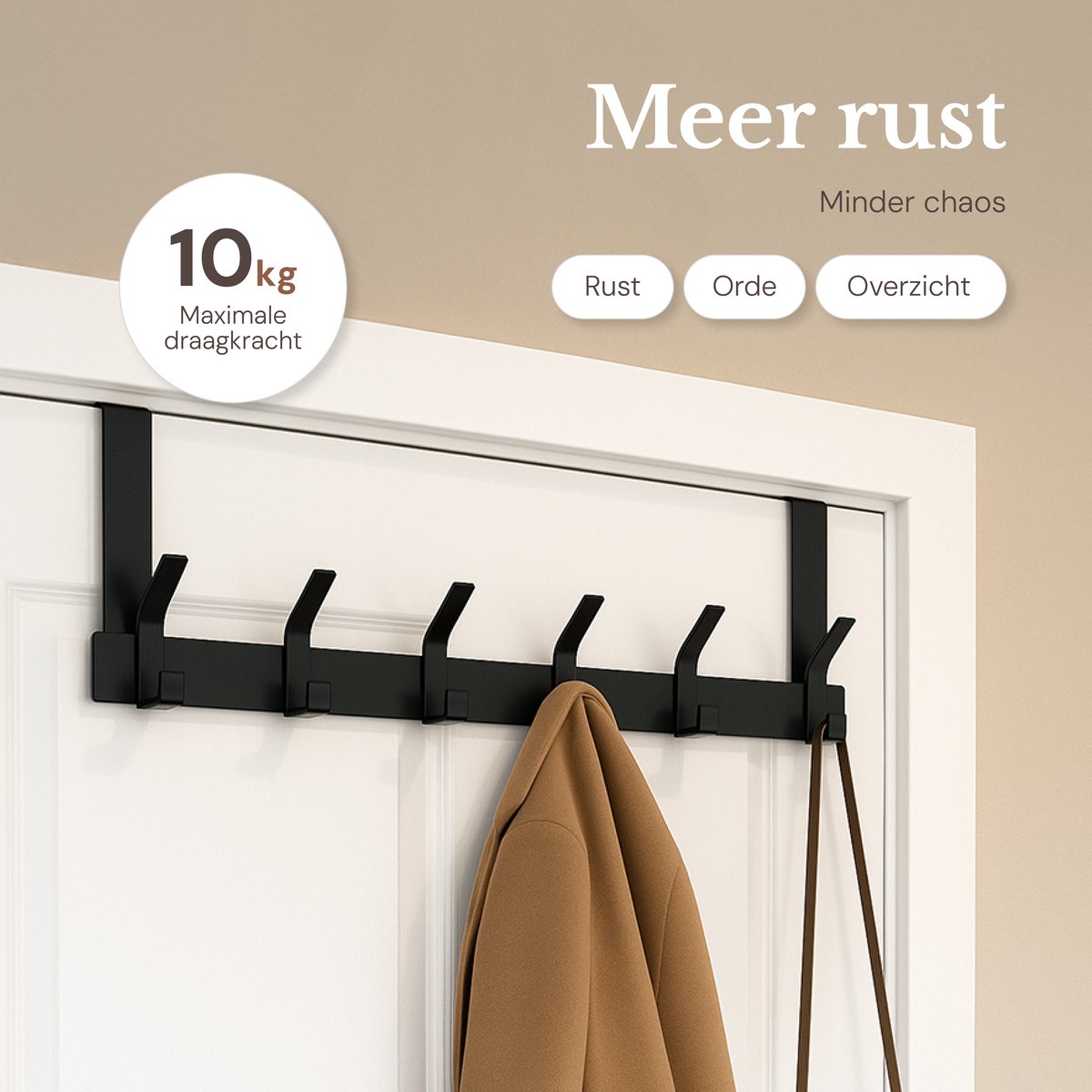 O'DADDY® Türgarderobe - 6 Haken - Türhaken - Türaufhänger - Türgarderobe zum Aufhängen - Aufhängehaken - Befestigung mit 3M Klebeband - Industrielles Design - Schwarz