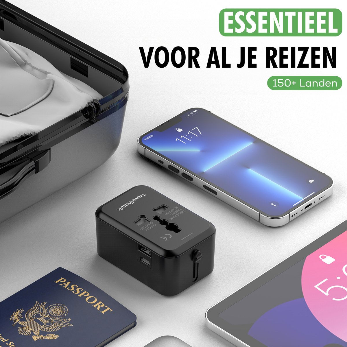 TravelHawk Universal World Plug Schwarz - USB-C & USB-Anschluss - Für 150+ Länder - Kompakt 7,5 x 5 x 3,5 cm