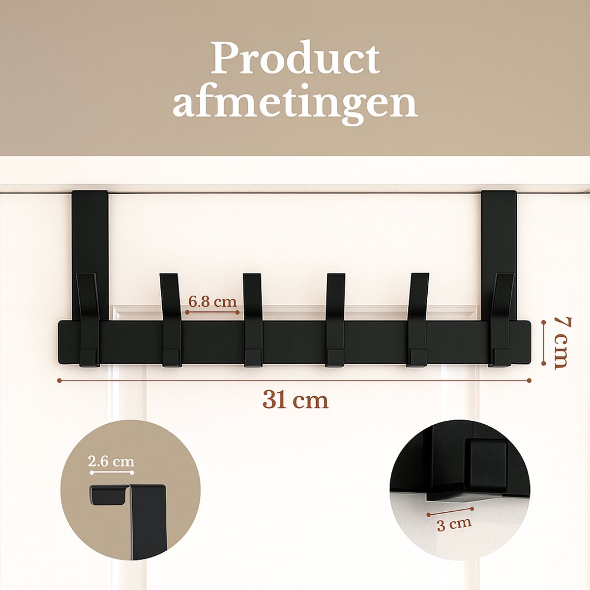 O'DADDY® Türgarderobe - 6 Haken - Türhaken - Türaufhänger - Türgarderobe zum Aufhängen - Aufhängehaken - Befestigung mit 3M Klebeband - Industrielles Design - Schwarz