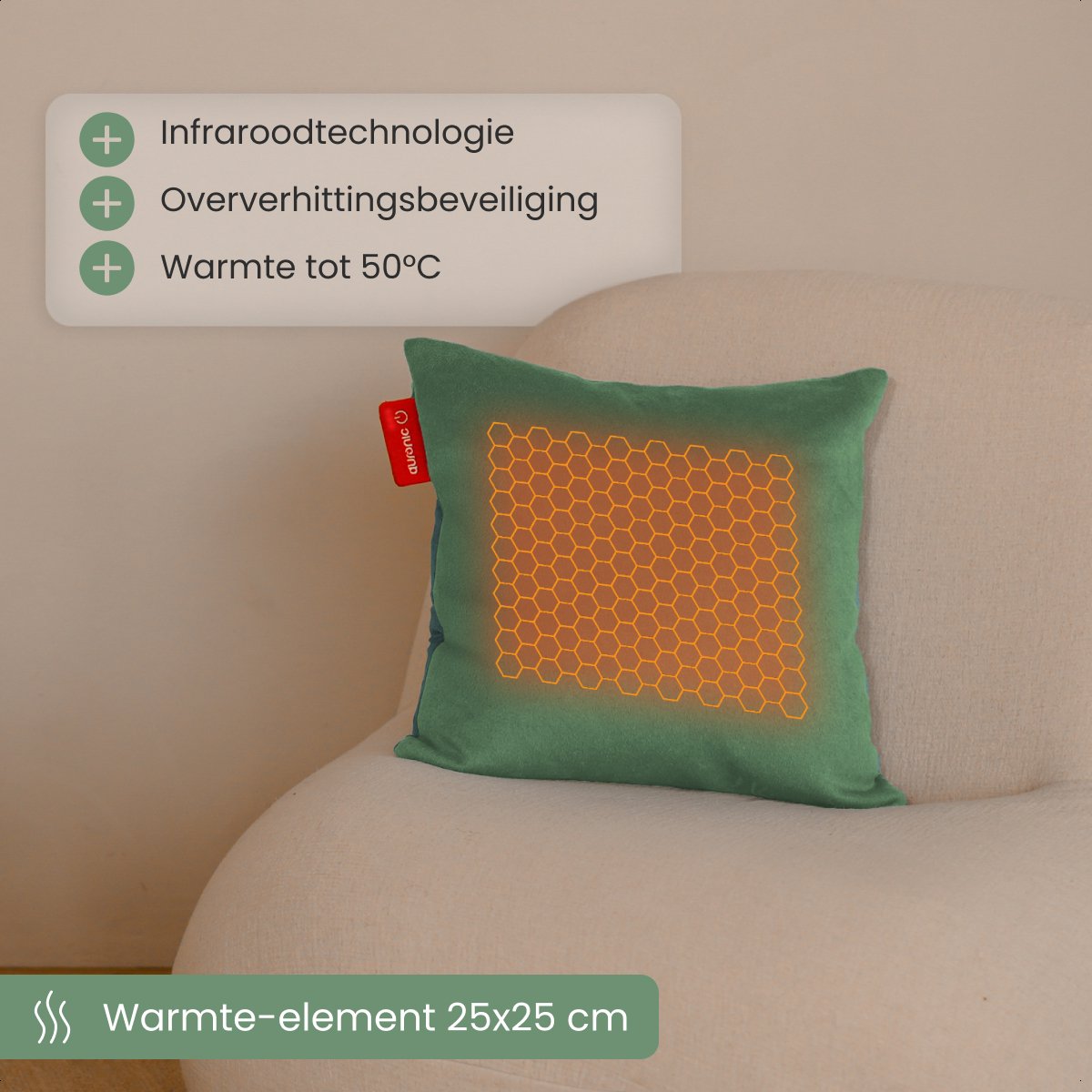 Auronic Wärmekissen - Classic - 45x45 - Kabellos - Wiederaufladbar - Elektrisches Kissen - Infrarot - Pastellgrün