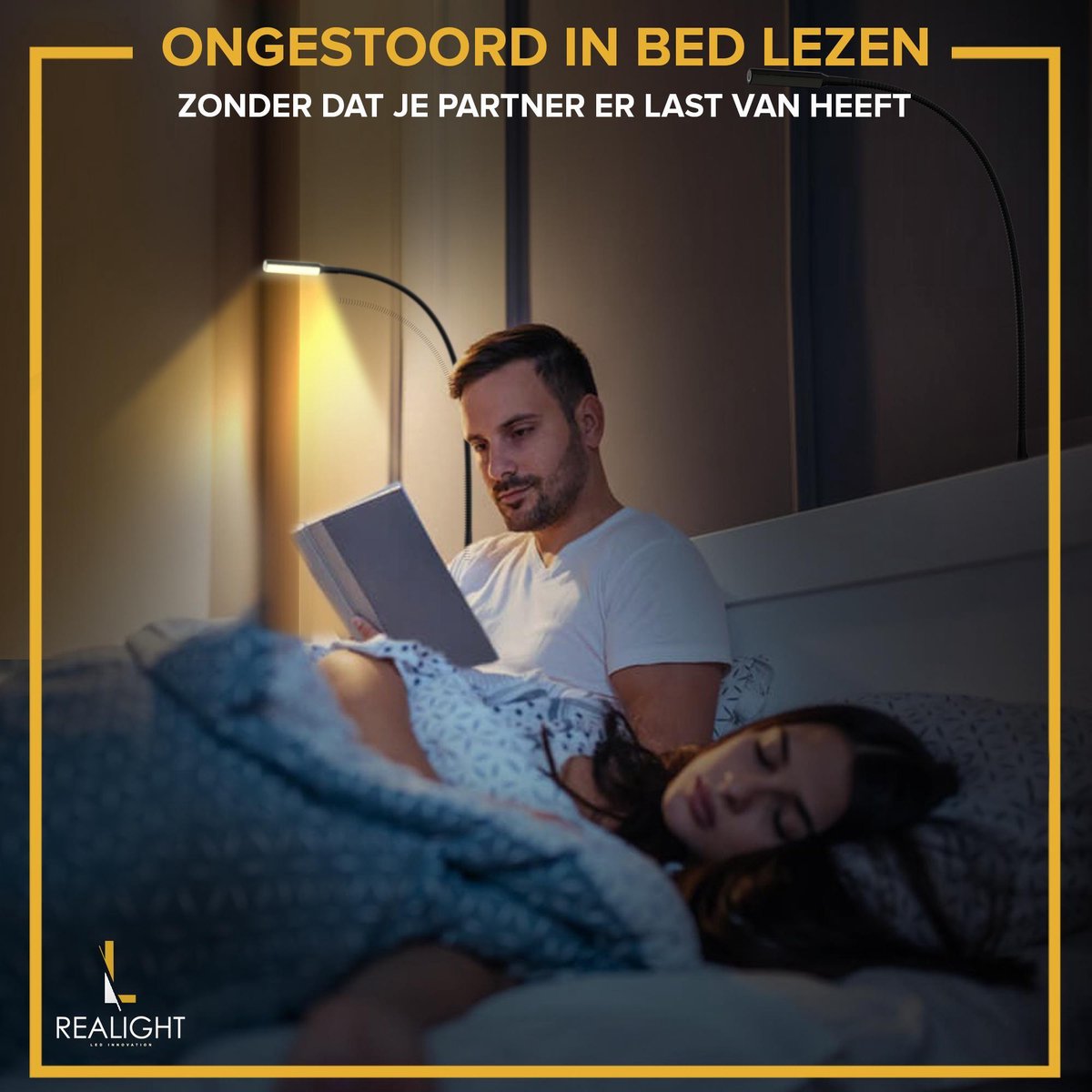 Realight BL300 Bettleuchte - LED-Nachtlicht mit Dimmfunktion - Leselicht für Bett & Kopfteil - Touch-Lampe - warmweißes Licht - 2 Stück - 58 cm - Schwarz
