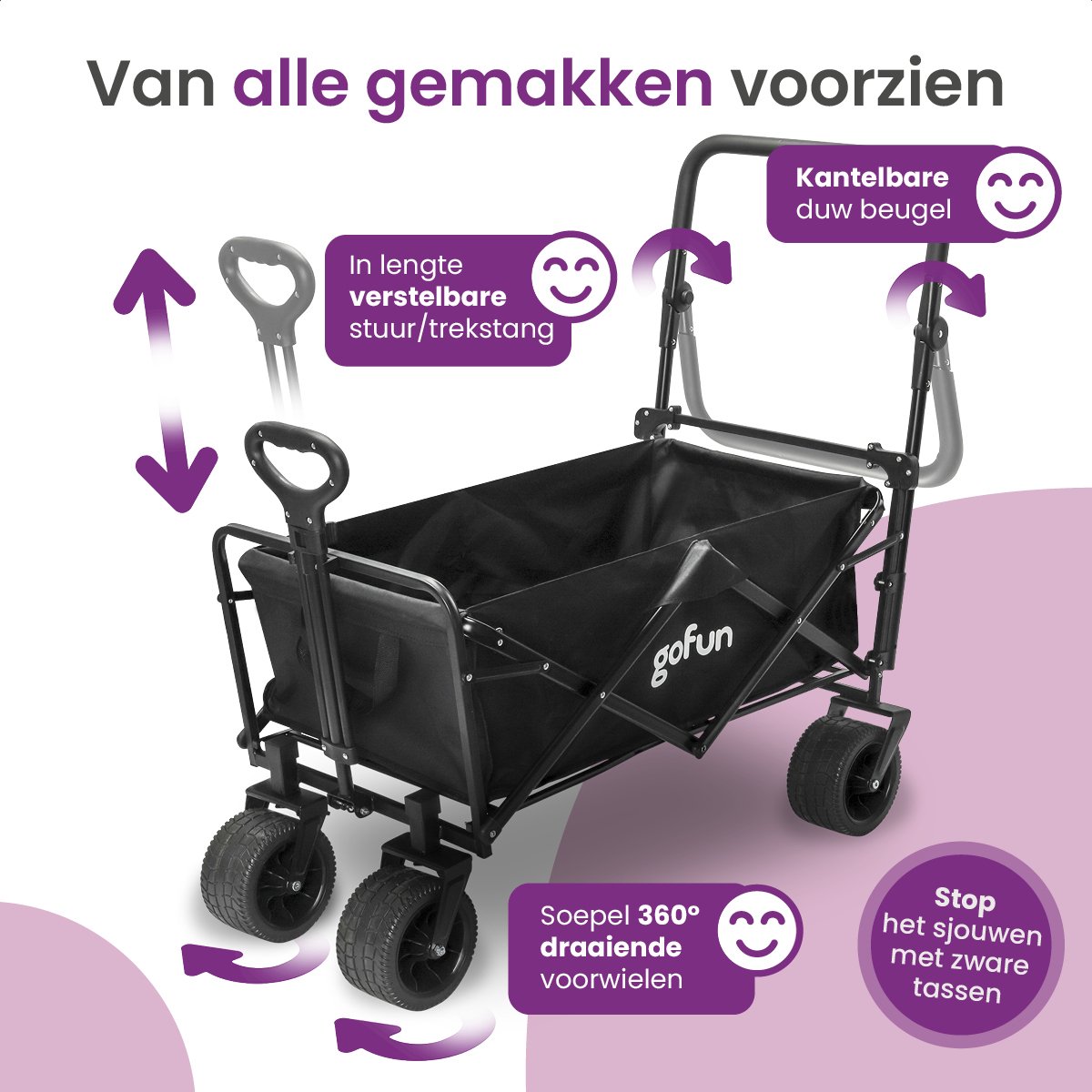 Gofun - Wagen & Pollerwagen - 150 kg Tragkraft - faltbar mit 360 Grad drehbaren Rädern - 83 x 44 x 26 cm - Metall & Polyester - Schwarz