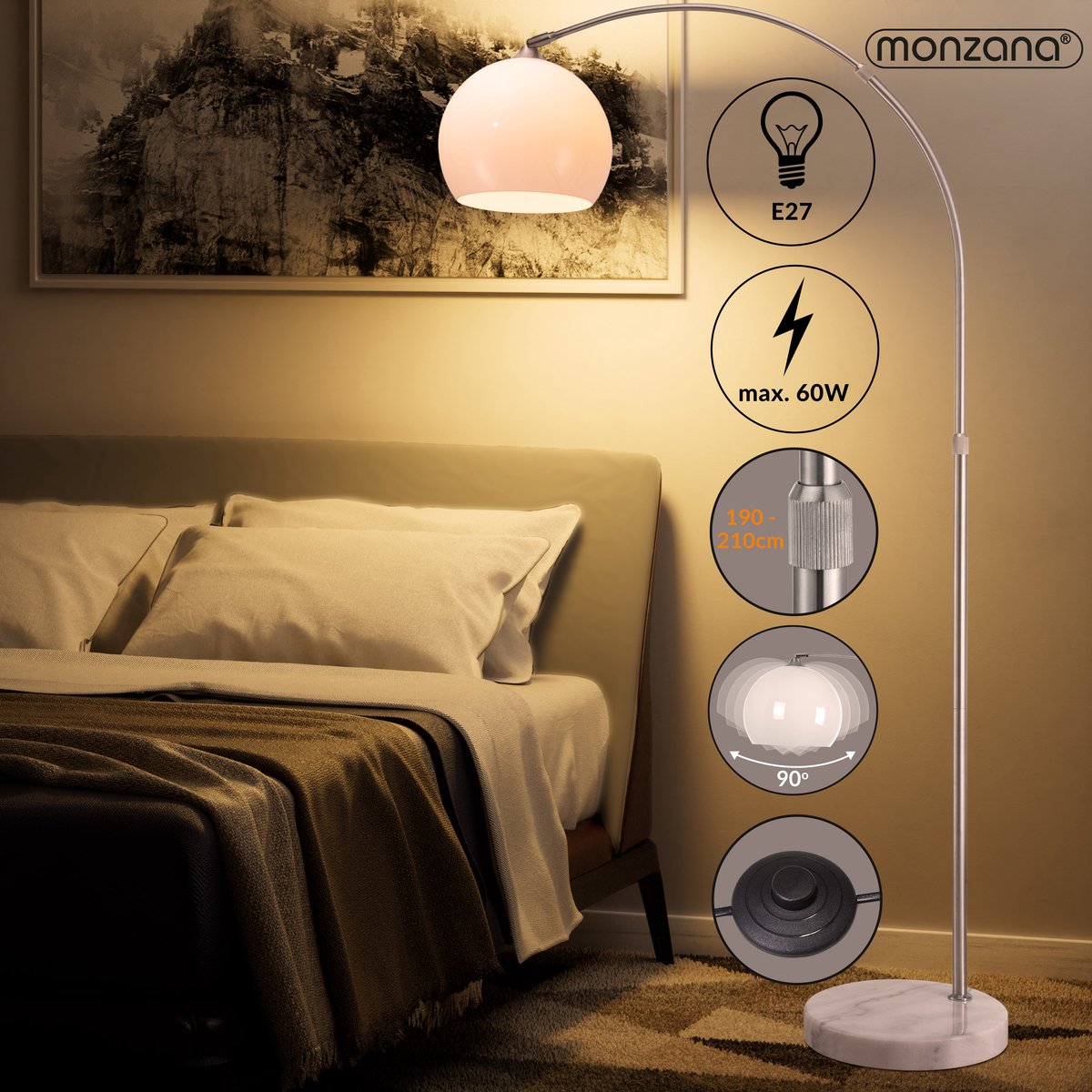 Monzana Retro Design Bogenlampe - Stehleuchte - Verstellbar 190-210 cm - Opalweiß - Silber