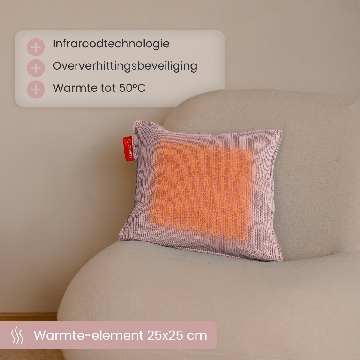 Auronic Wärmekissen - Gestrickt - 45x45 cm - Kabellos - Wiederaufladbar - Elektrisch - Infrarot - Puderrosa