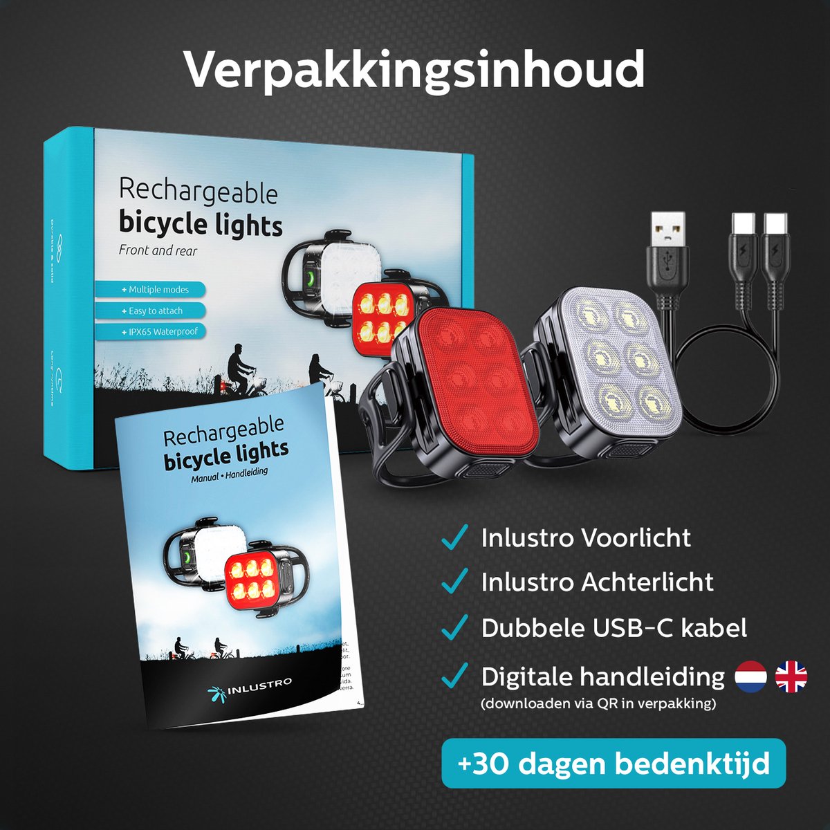 Inlustro LED-Fahrradlicht-Set - Vorder- und Rücklicht - USB aufladbar - wasserdicht - 7,5 x 3,2 cm - Schwarz