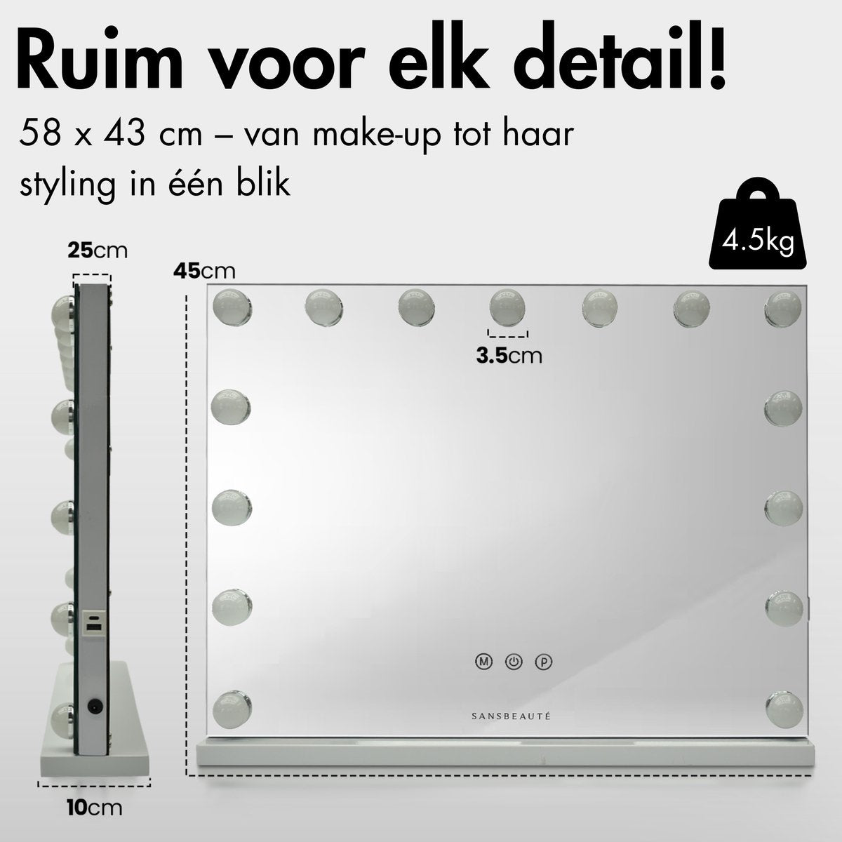 Sansbeauté® Hollywood Mirror 58x43 cm - Make-up-Spiegel - 15 LED-Lampen - 10-fache Vergrößerung - dimmbar - USB-Ladeanschluss - Touch Control - Schwarz