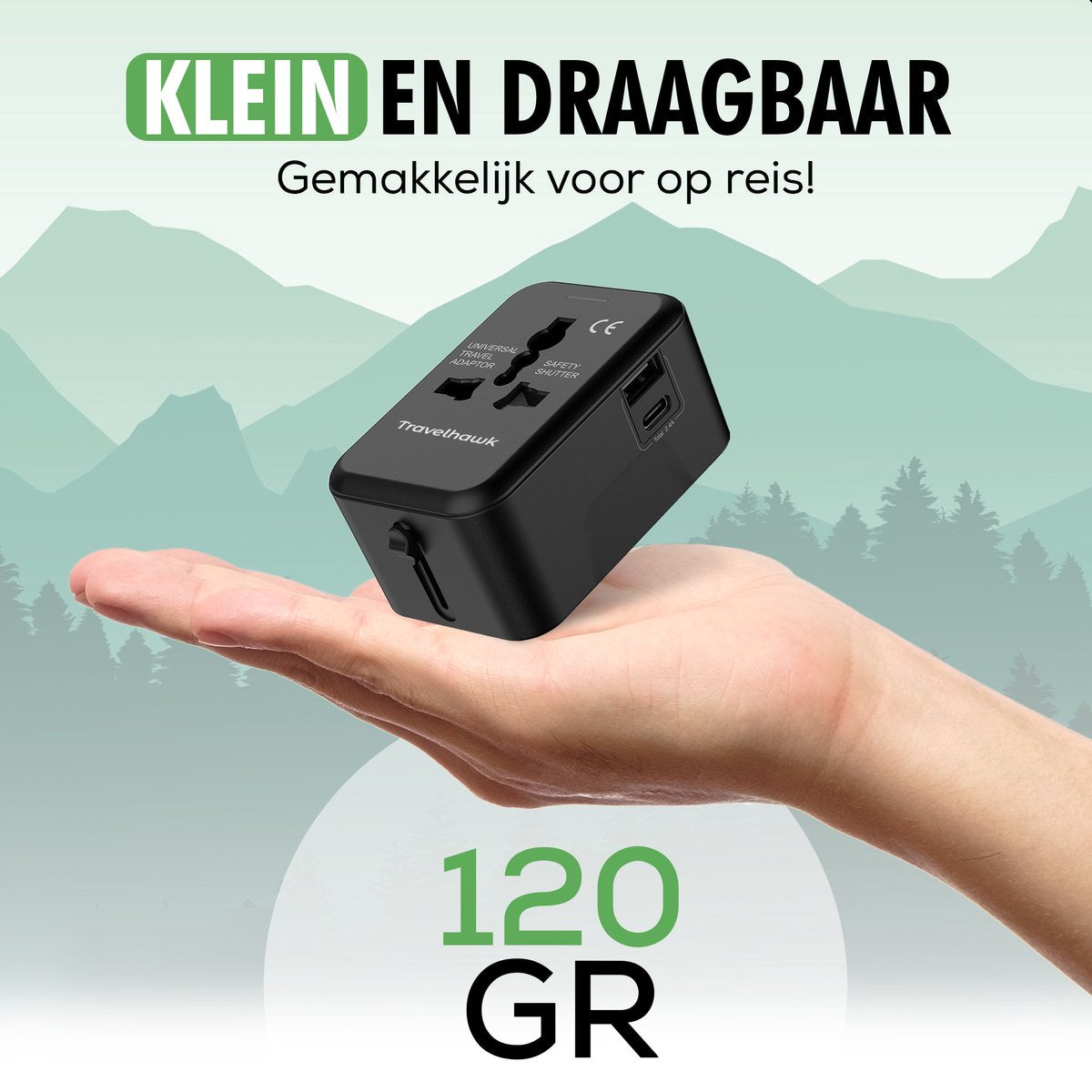 TravelHawk Universal World Plug Schwarz - USB-C & USB-Anschluss - Für 150+ Länder - Kompakt 7,5 x 5 x 3,5 cm