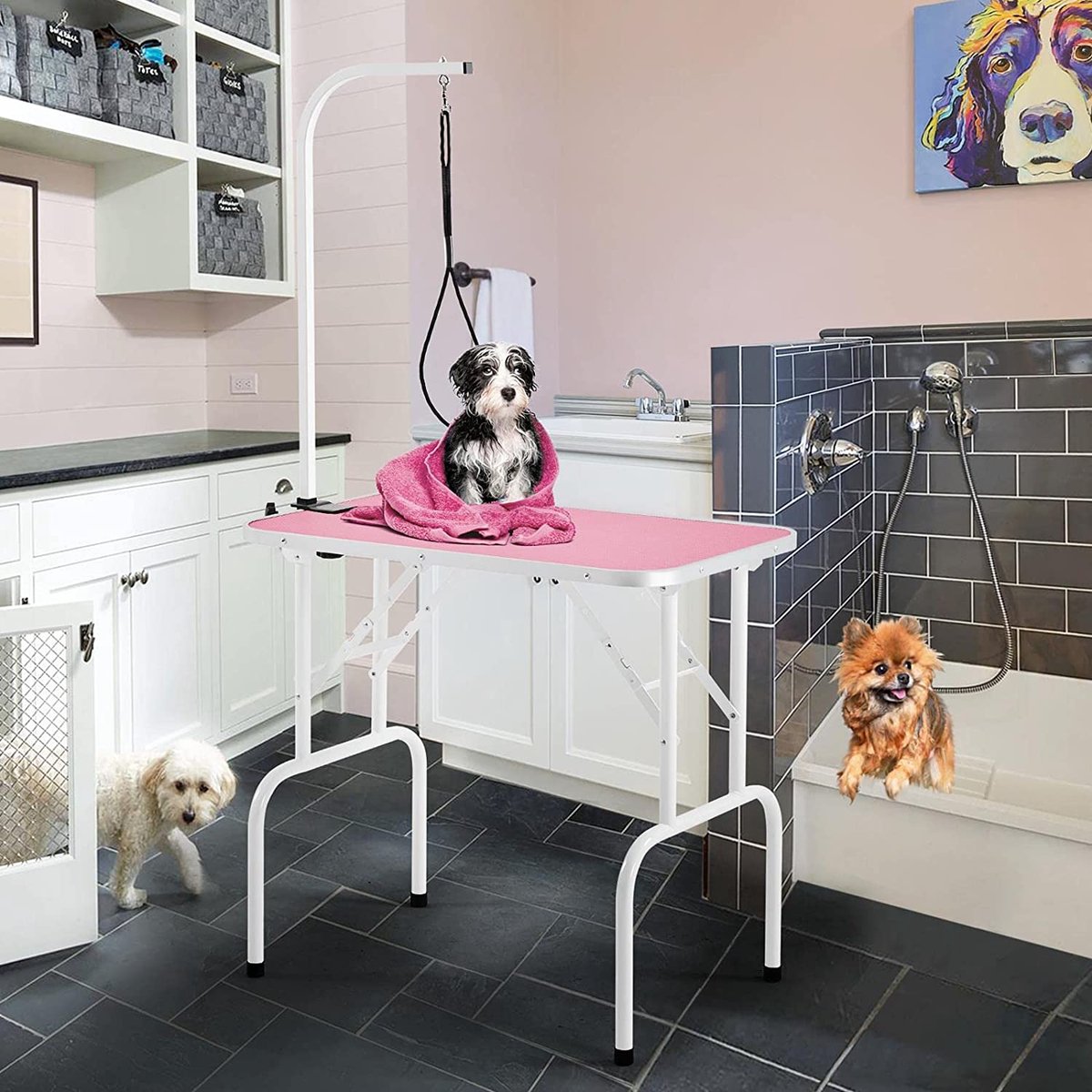 Yaheetech Hundepflege-Tisch – 100 kg – Verstellbar – Zusammenklappbar – Rosa