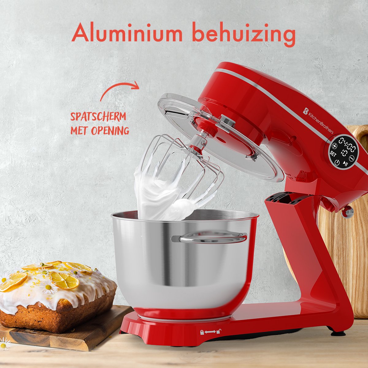 KitchenBrothers Küchenmaschine - Touch-Display und Timer - Küchenroboter - 6L - 1800W - Aluminium - Rot