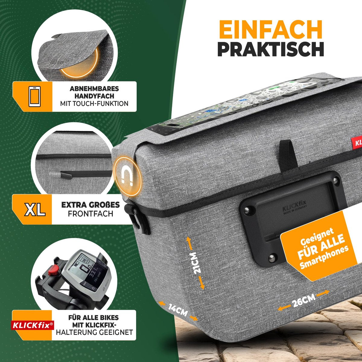 MIVELO Kinderlenkertasche - KLICKfix kompatibel - Wasserdicht - Mit Handyfach - Grau