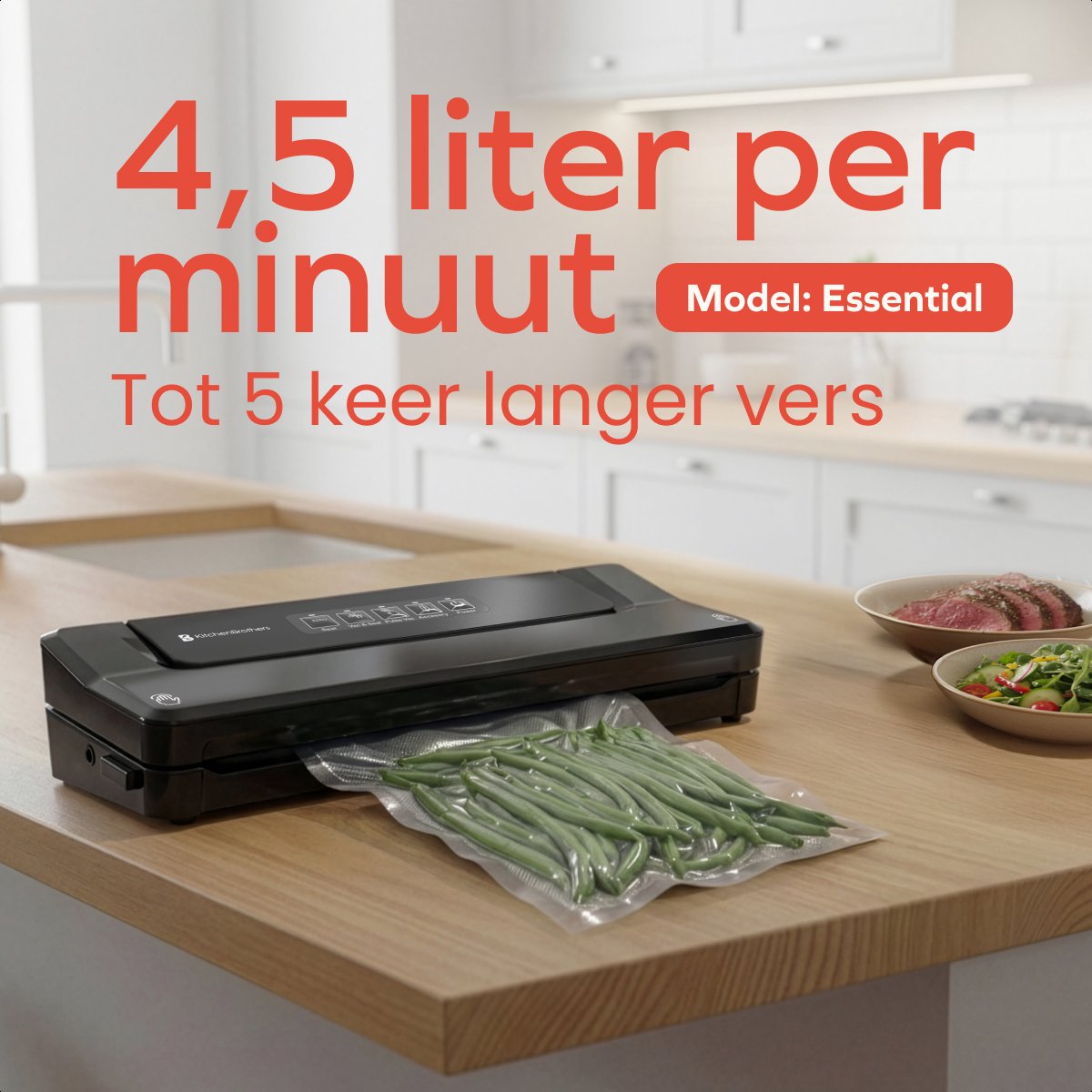 KitchenBrothers Vakuumiermaschine Essential - 4,5 L/min - 4 Funktionen - Inklusive 40 PFAS-freie Vakuumbeutel & Vakuumschlauch - Schwarz