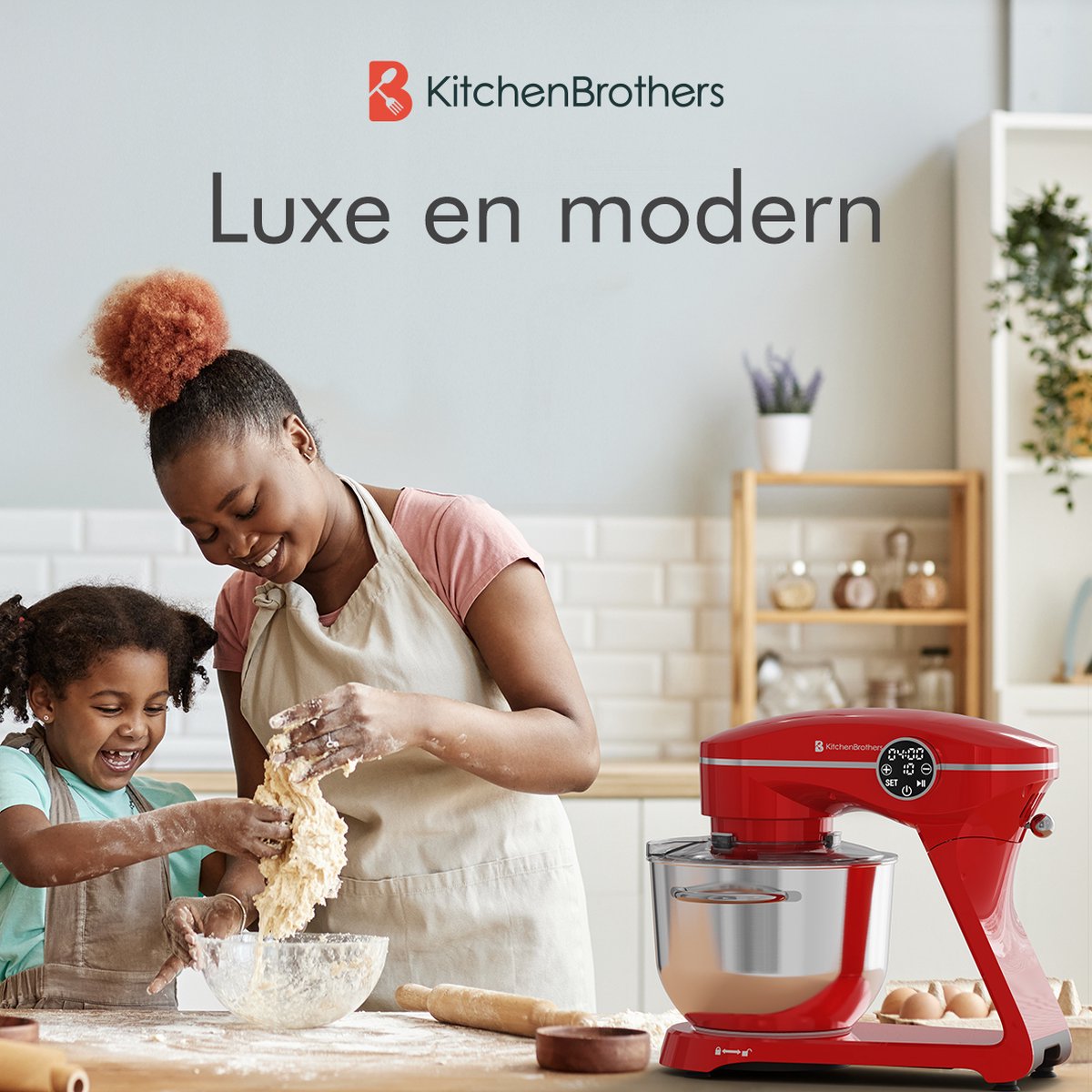 KitchenBrothers Küchenmaschine - Touch-Display und Timer - Küchenroboter - 6L - 1800W - Aluminium - Rot