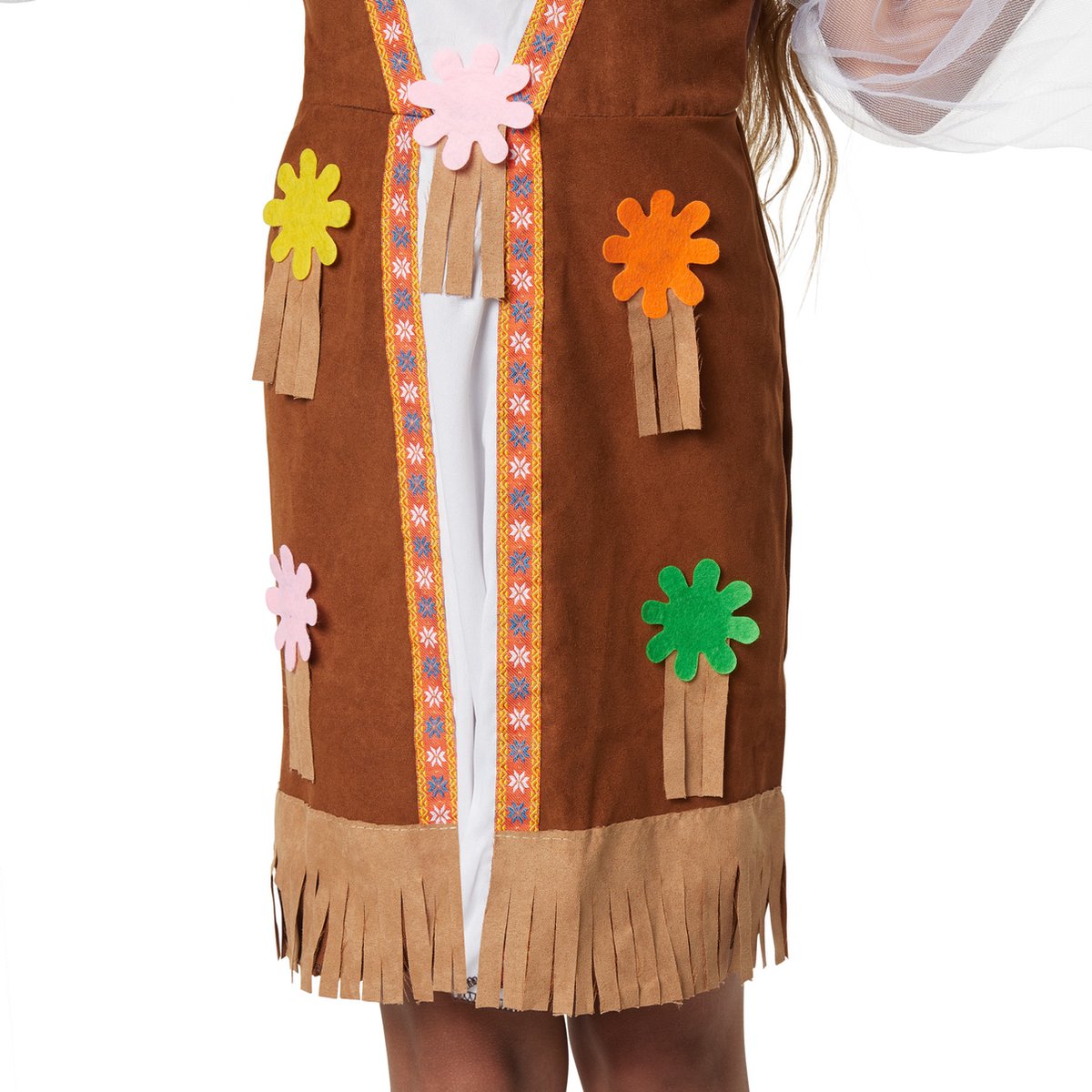 Dressforfun - Groovy Hippie Squaw - Mädchenkostüm mit kurzem Kleid, Weste in Wildlederoptik, Fransen und Stirnband für Karneval & Party - Größe 140 (9-10 Jahre)