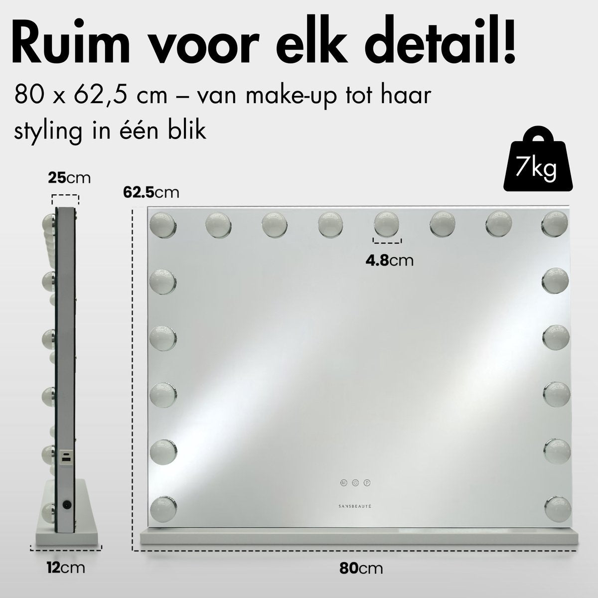 Sansbeauté® Hollywood Mirror 80x62,5 cm - Schminkspiegel - 18 LED-Lampen - 10fache Vergrößerung - dimmbar - USB-Ladeanschluss - Touch Control - Weiß