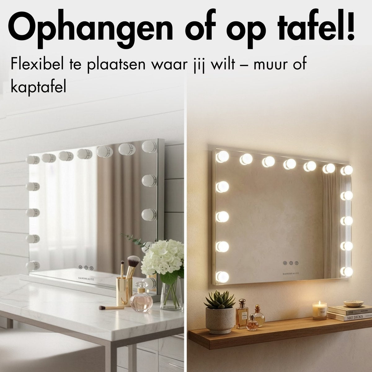 Sansbeauté® Hollywood Mirror 58x43 cm - Make-up-Spiegel - 15 LED-Lampen - 10-fache Vergrößerung - dimmbar - USB-Ladeanschluss - Touch Control - Schwarz