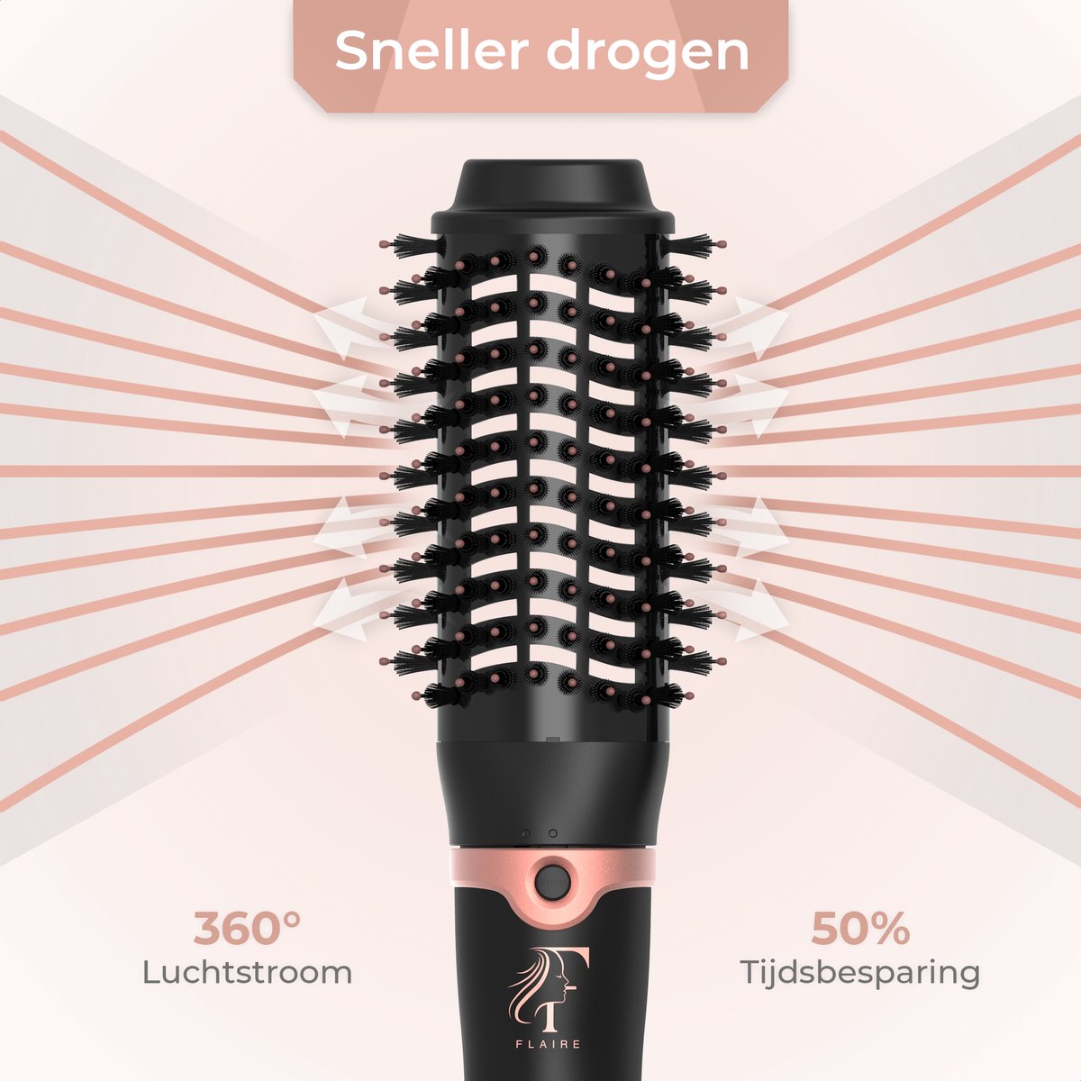 Flaire ROSÉ Haartrocknerbürste mit 3 Aufsätzen - Keramik-Lockenbürste - ionisch - 1200W - Schwarz