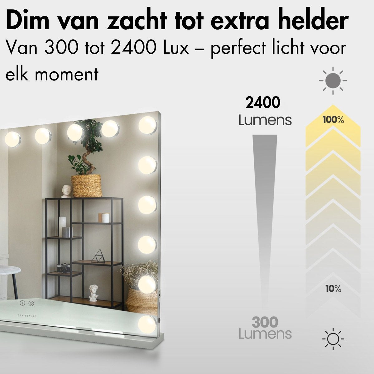 Sansbeauté® Hollywood Mirror 80x60 cm - Make-up-Spiegel - 18 LED-Lampen - 10-fache Vergrößerung - dimmbar - USB-Ladeanschluss - Touch-Steuerung - Bluetooth - Multi