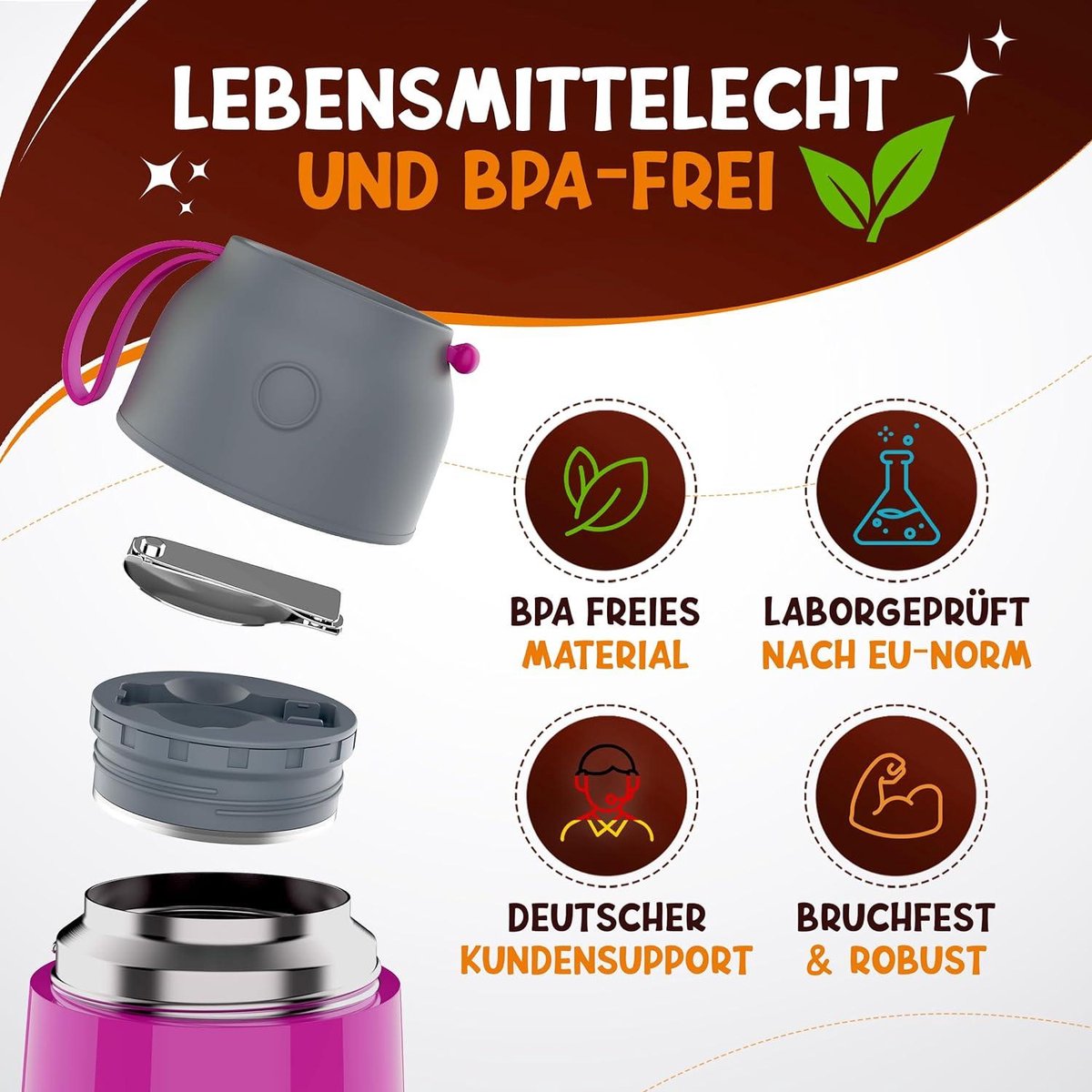 FUNKELFUCHS® - Thermobecher für Kinderkost - Essenswärmer aus Edelstahl - 500ml - 100% auslaufsicher - Rosa Einhorn