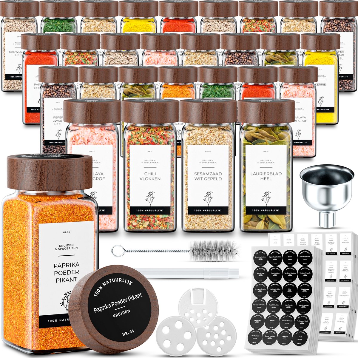 Organess Gewürzdosen Set 42 Stück quadratisch - Akaziendeckel - Inklusive Etiketten und Zubehör - 120ml