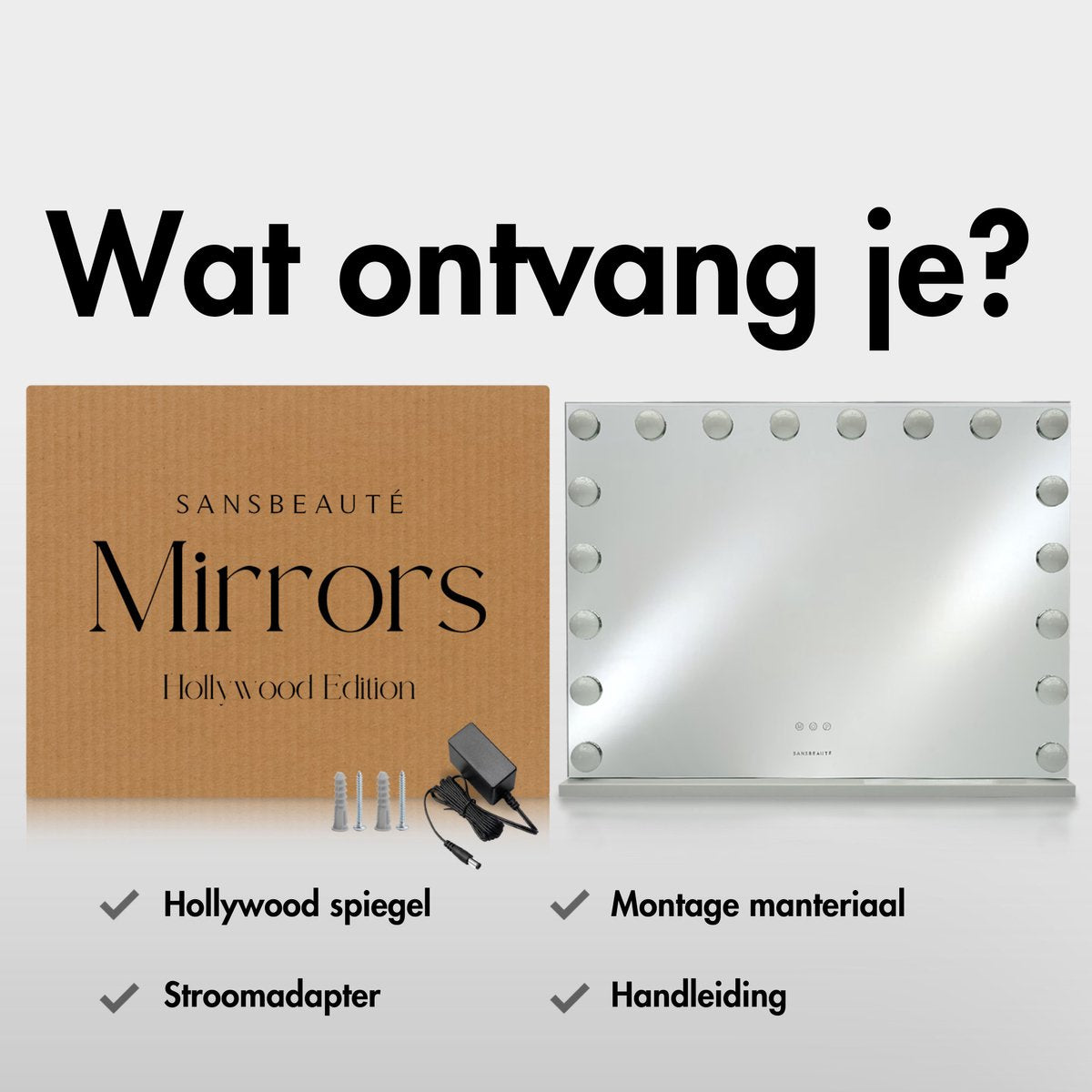 Sansbeauté® Hollywood Mirror 80x60 cm - Make-up-Spiegel - 18 LED-Lampen - 10-fache Vergrößerung - dimmbar - USB-Ladeanschluss - Touch-Steuerung - Bluetooth - Multi