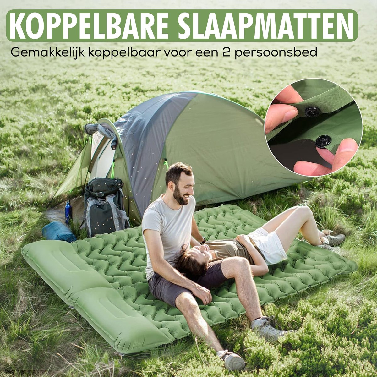 Travelhawk Luftmatratze - Campingbett - Eingebaute Pumpe - 1 Person - Schlafmatte 1 Person - Klicksystem - Grün