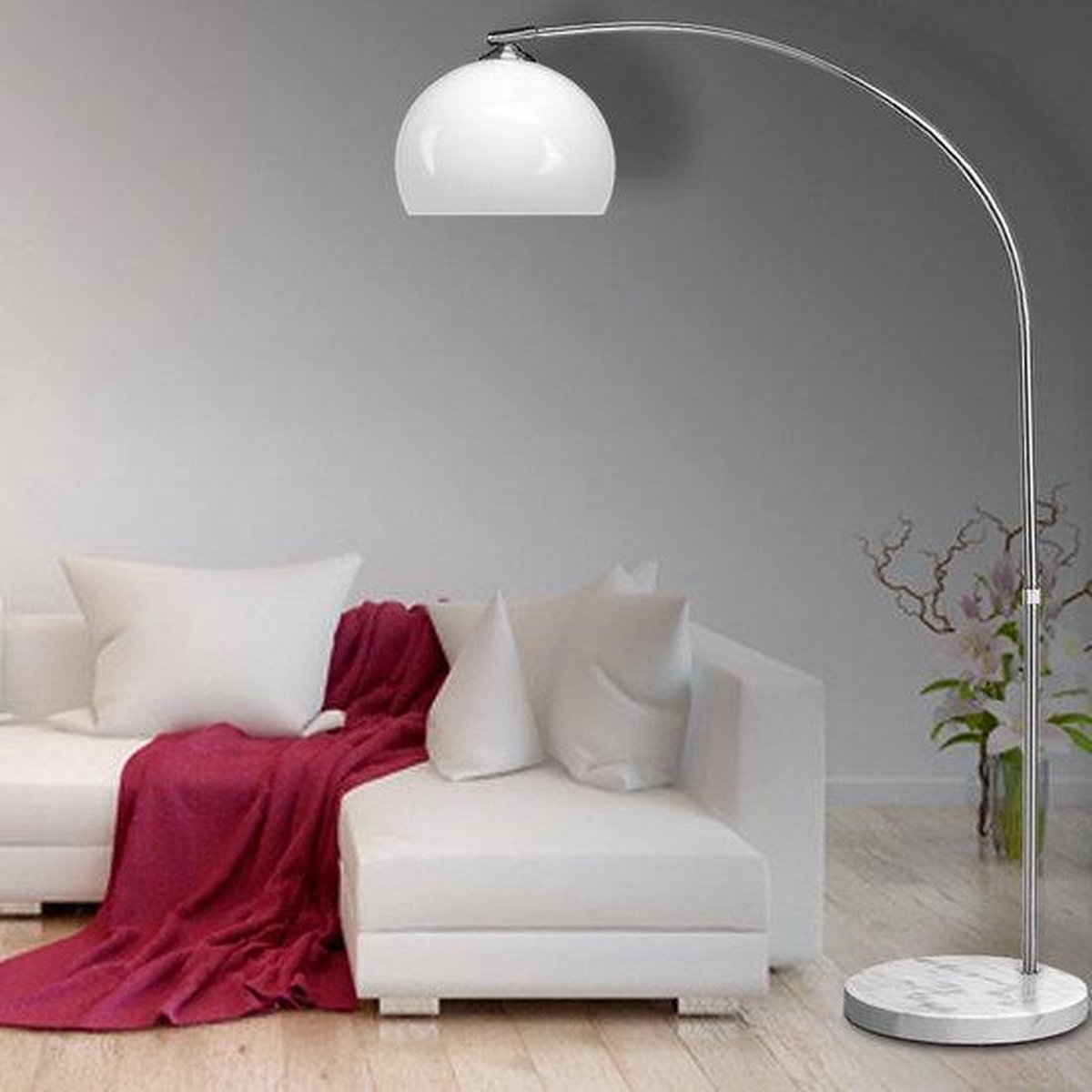 Monzana Retro Design Bogenlampe - Stehleuchte - Verstellbar 190-210 cm - Opalweiß - Silber